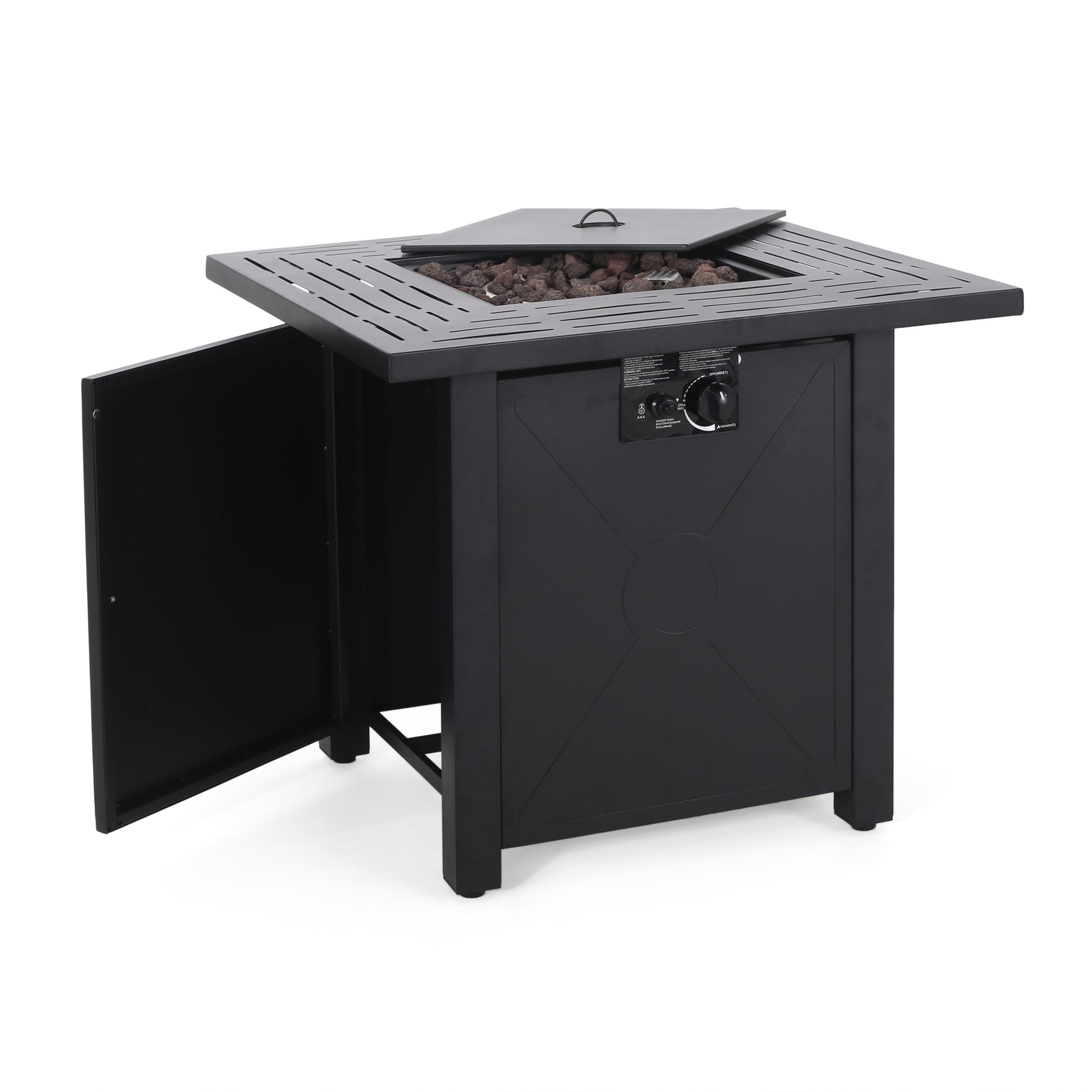 Outdoor Patio Propane Fire Pit 24.5'' H X 28'' W Square Iron Gas Burning Fire Table 40,000 Btu, Tank In Side, Black Black Iron