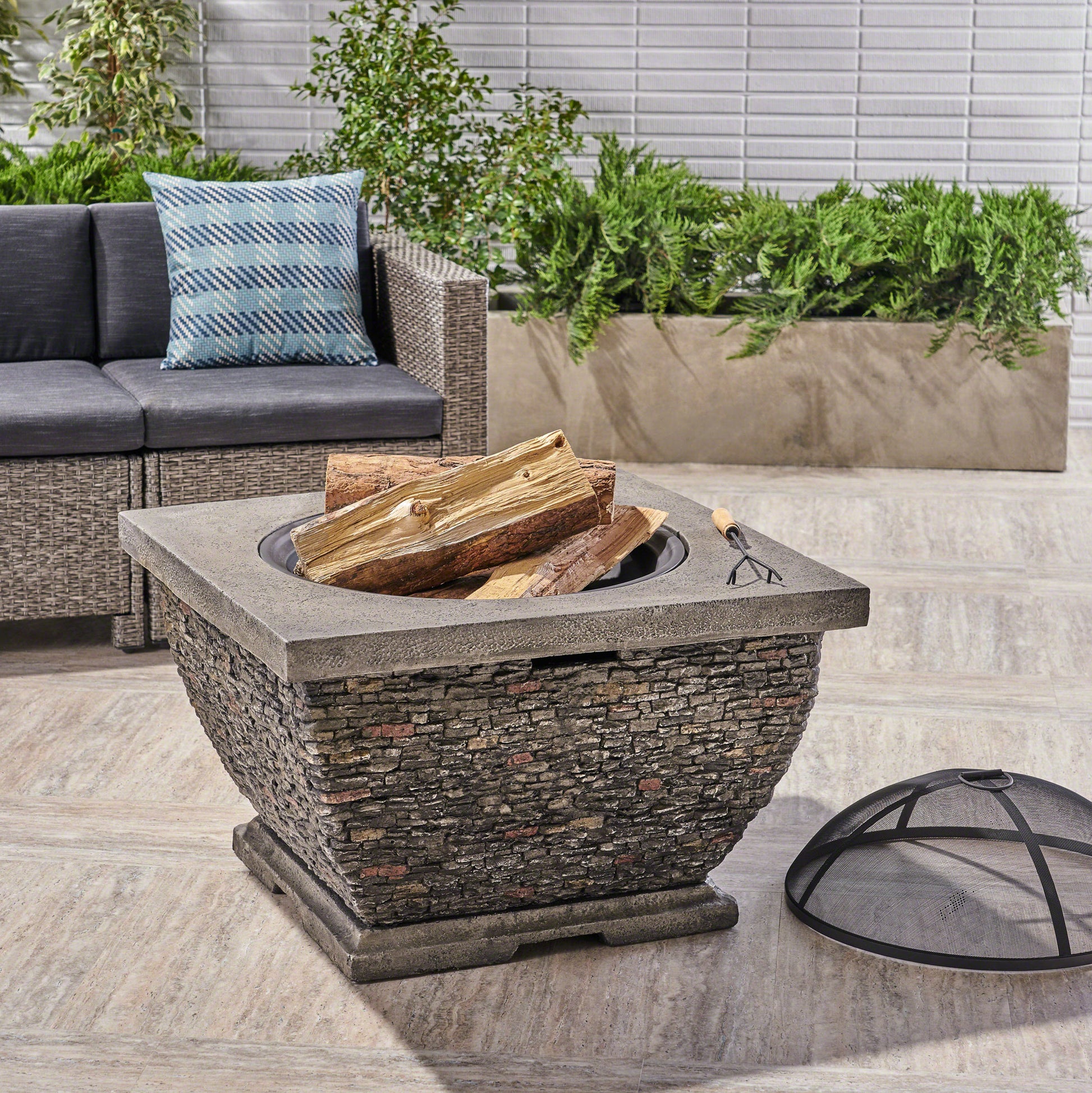 32" Mgo Light Weight Concrete Wood Burning Square Fire Pit, Grey Grey Magnesium Oxide