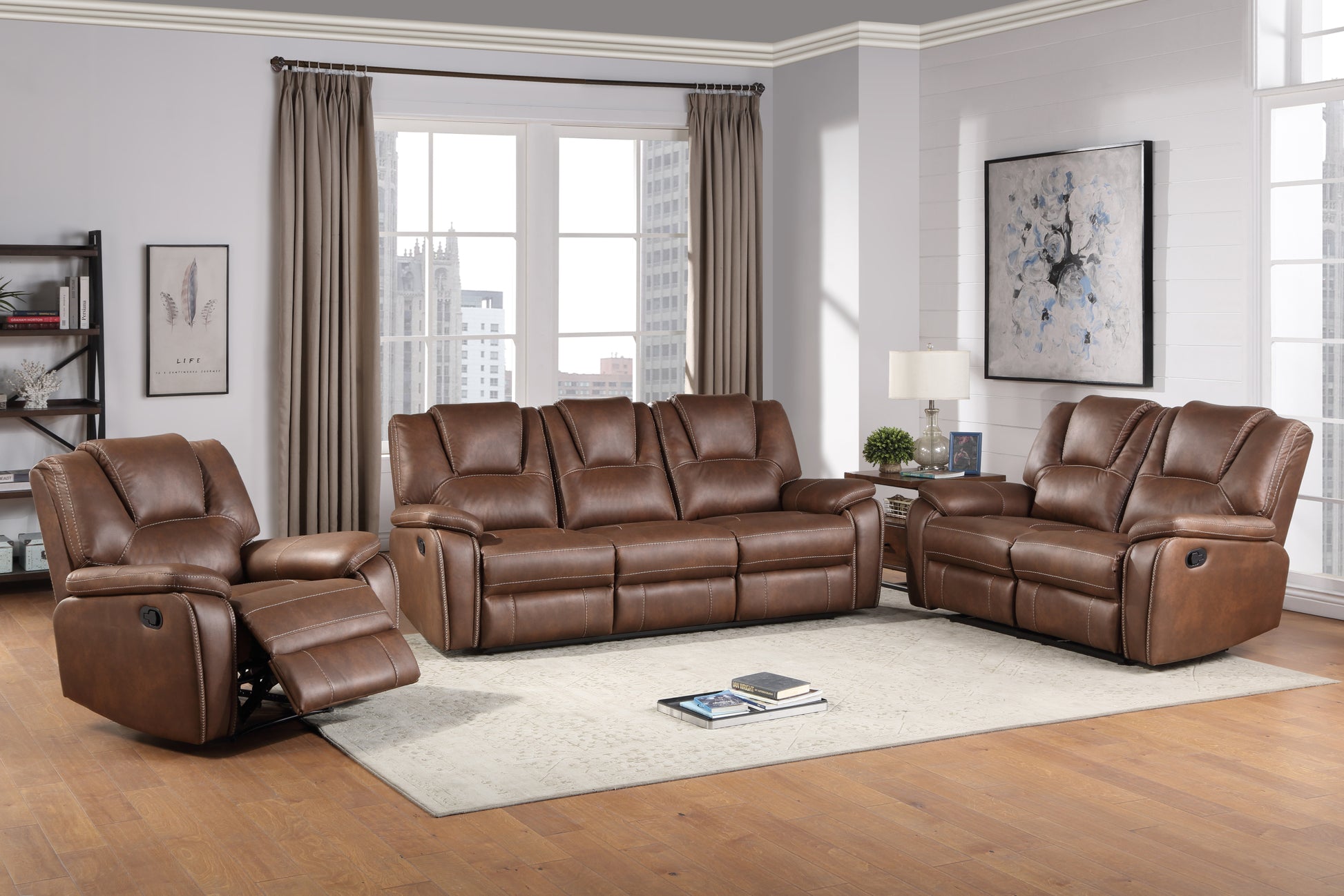 Katrine Pu Manual Reclining Sofa Chestnut Brown Dark Brown Faux Leather 3 Seat