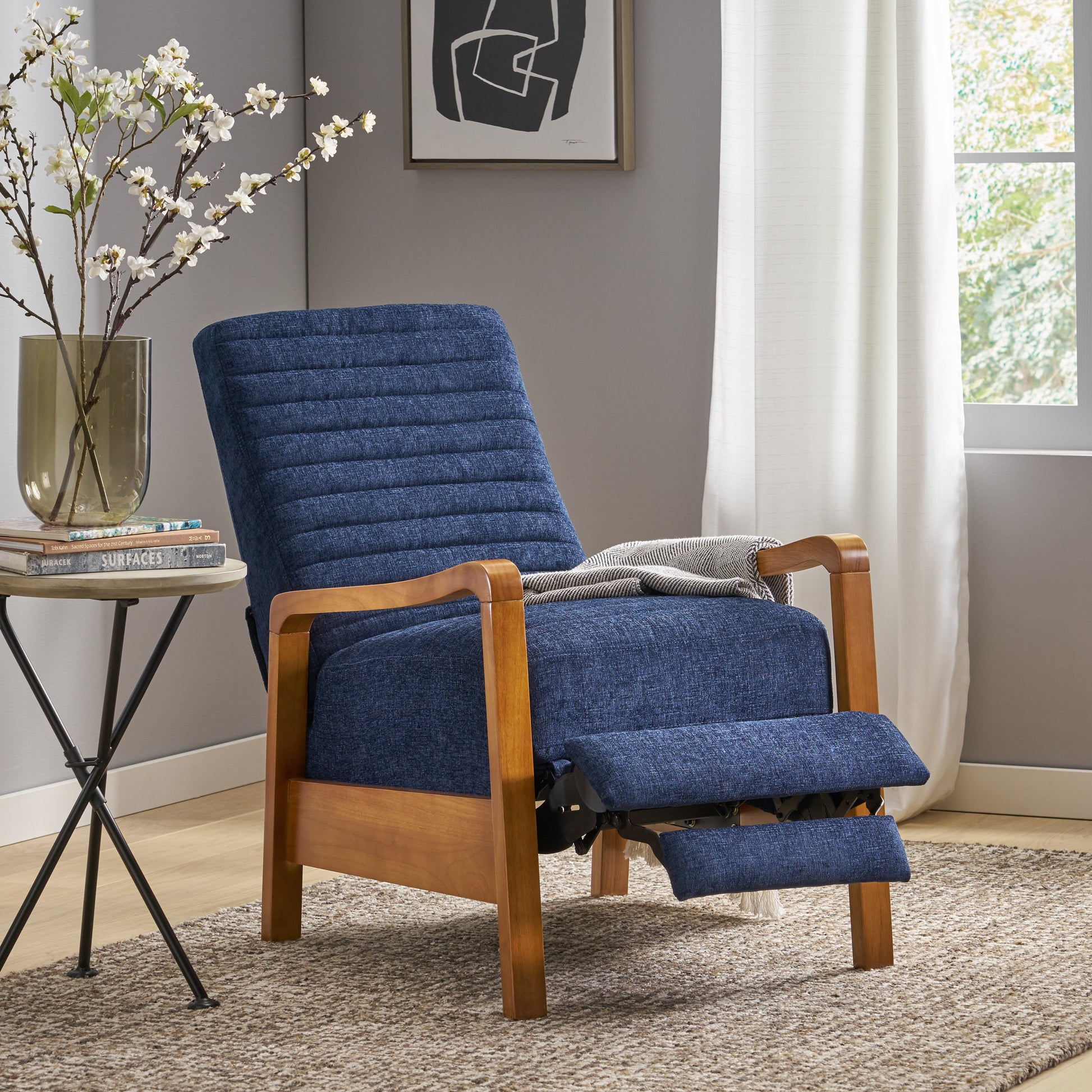 Fabric Wood Hand Manual Club Recliner Navy Blue Fabric