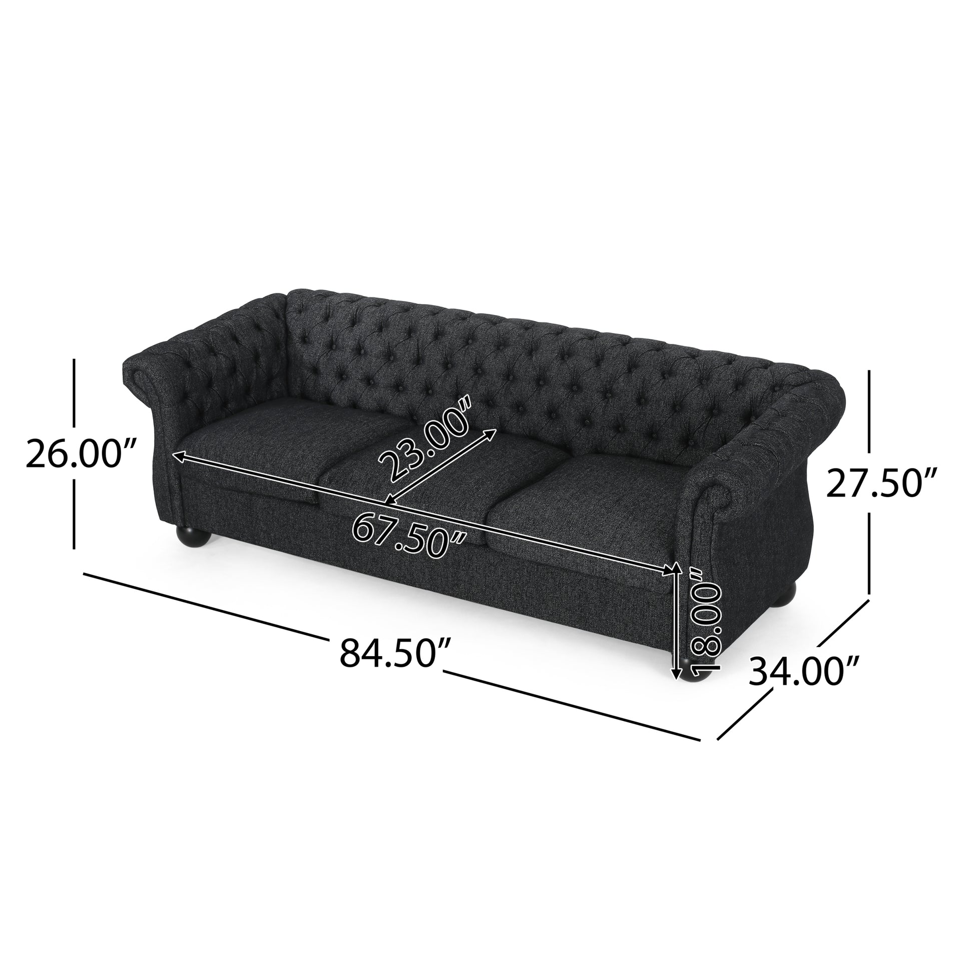 Mirod Comfy 3 Seat Sofa With Wooden Legs, For Living Room And Study Black Fabric 3 Seat