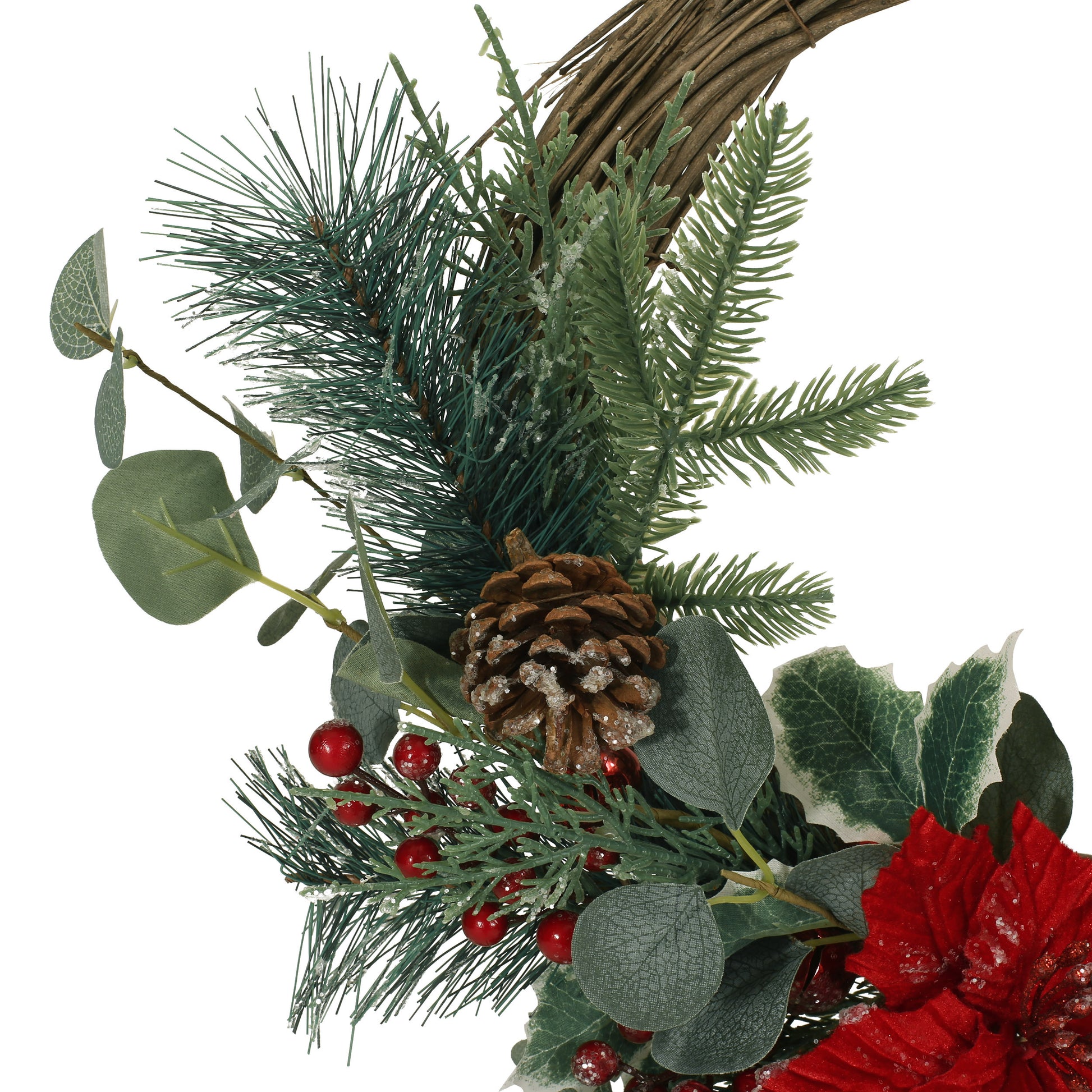 23.5" Poinsettia Berry Eucalyptus Half Wreath Green Leaves Polyester