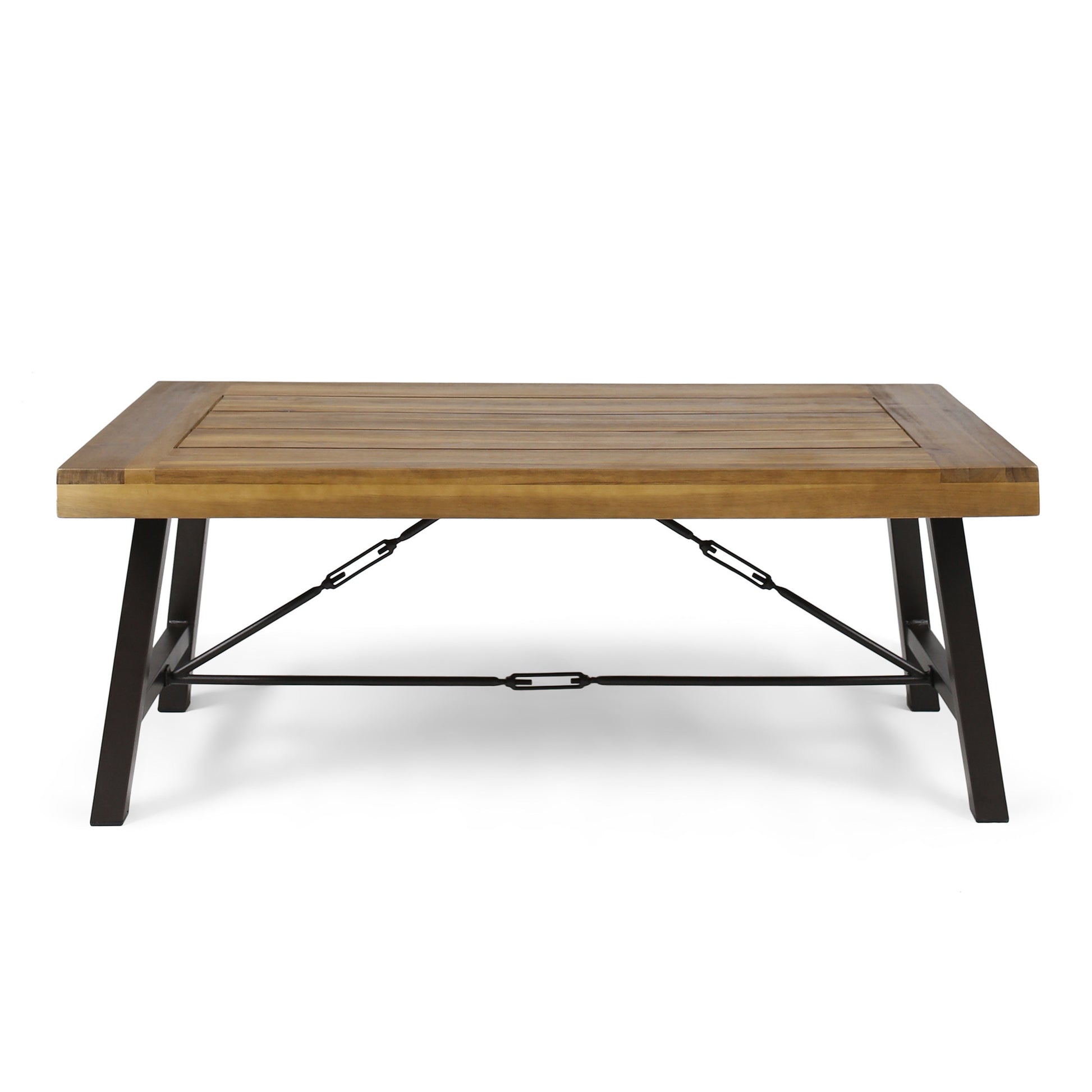 Outdoor Acacia Wood Coffee Table, Teak Finish Rustic Metal Brown And Black, 27.25"D X 45.75"W X 18"H Brown Acacia Wood