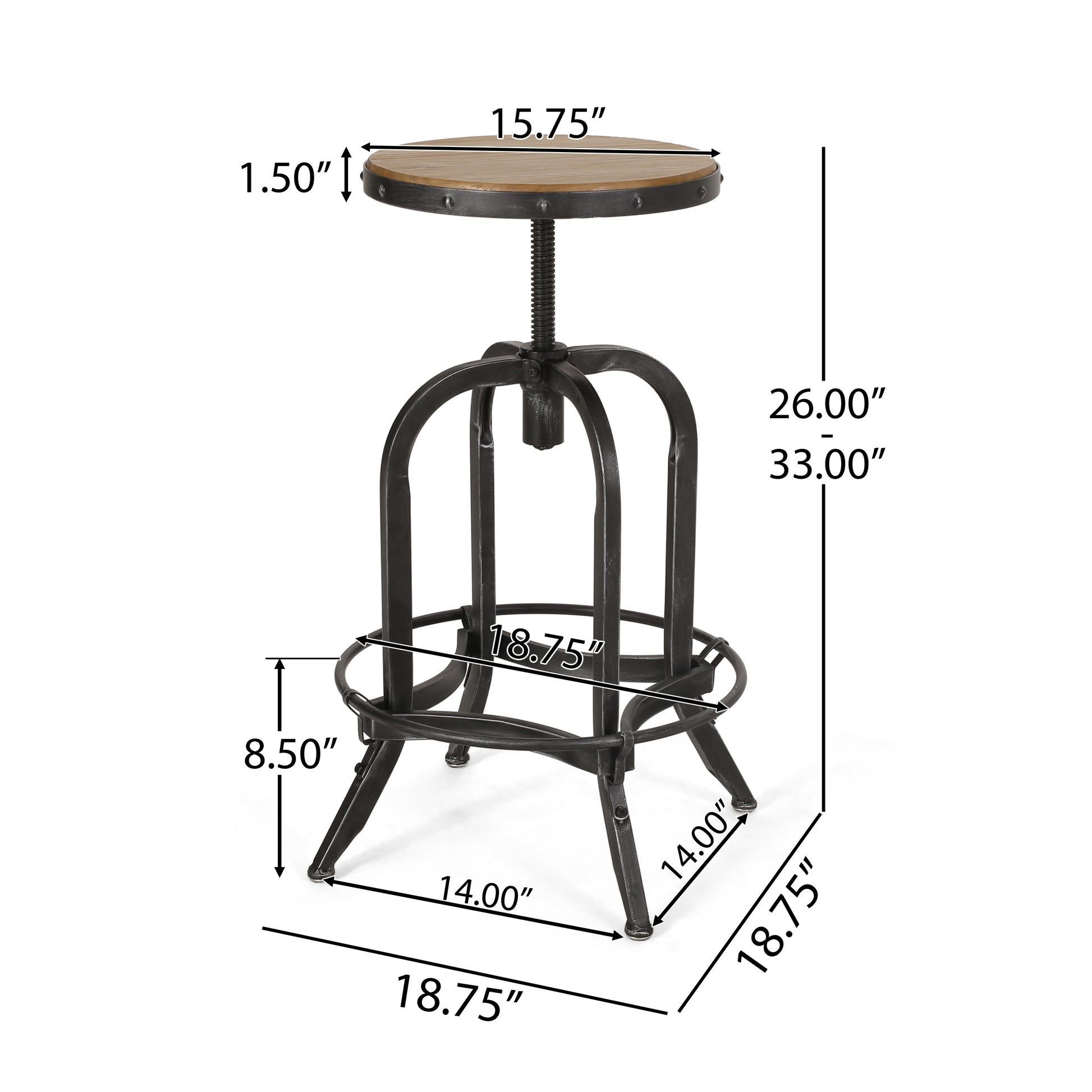 Industrial Firwood Adjustable Height Swivel Barstools Set Of 2 Natural,Pewter Metal & Wood