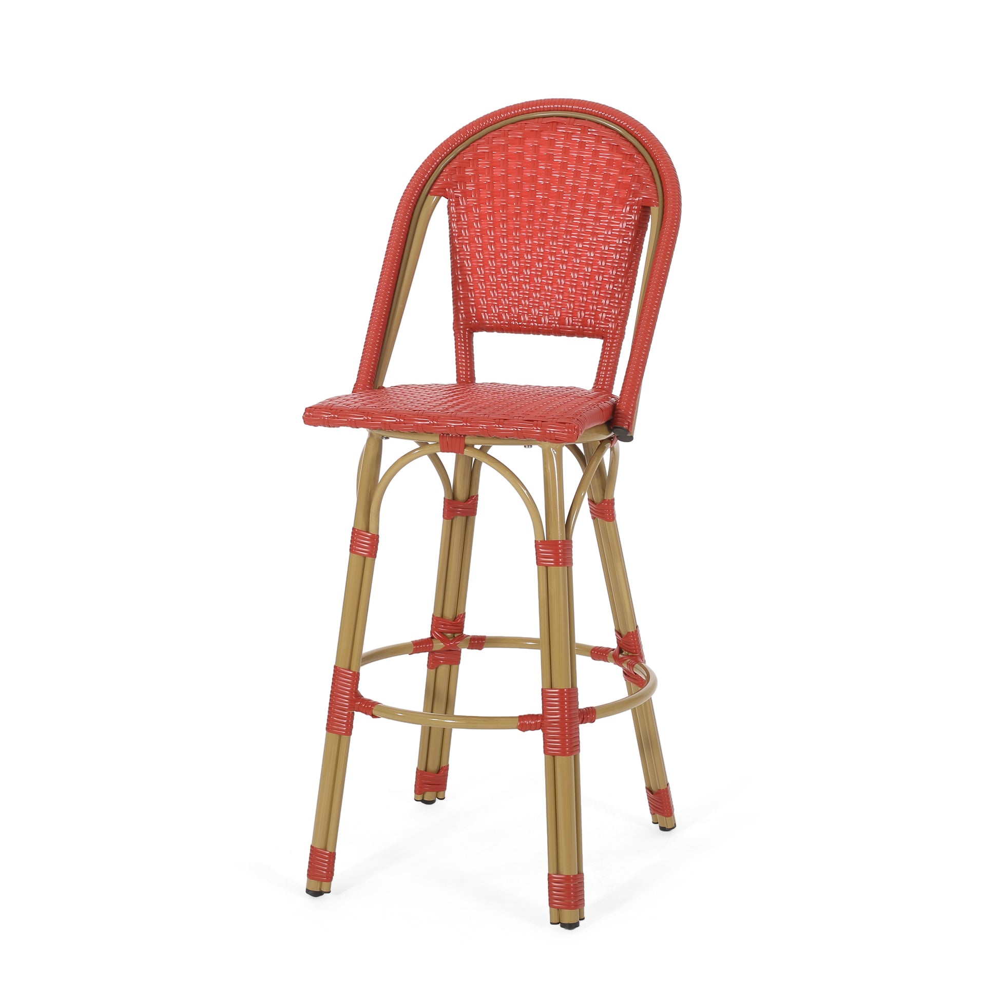 29.5" Outdoor Pe Rattan And Aluminum French Barstools, Set Of 2, Red And Bamboo Finish No Red Rust Resistant Frame Garden & Outdoor French 2 Person Seating Group Aluminum,Wicker