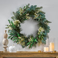 30In Eucalyptus Leaves, Pine Twigs, Stars Wreath White Green Rattan