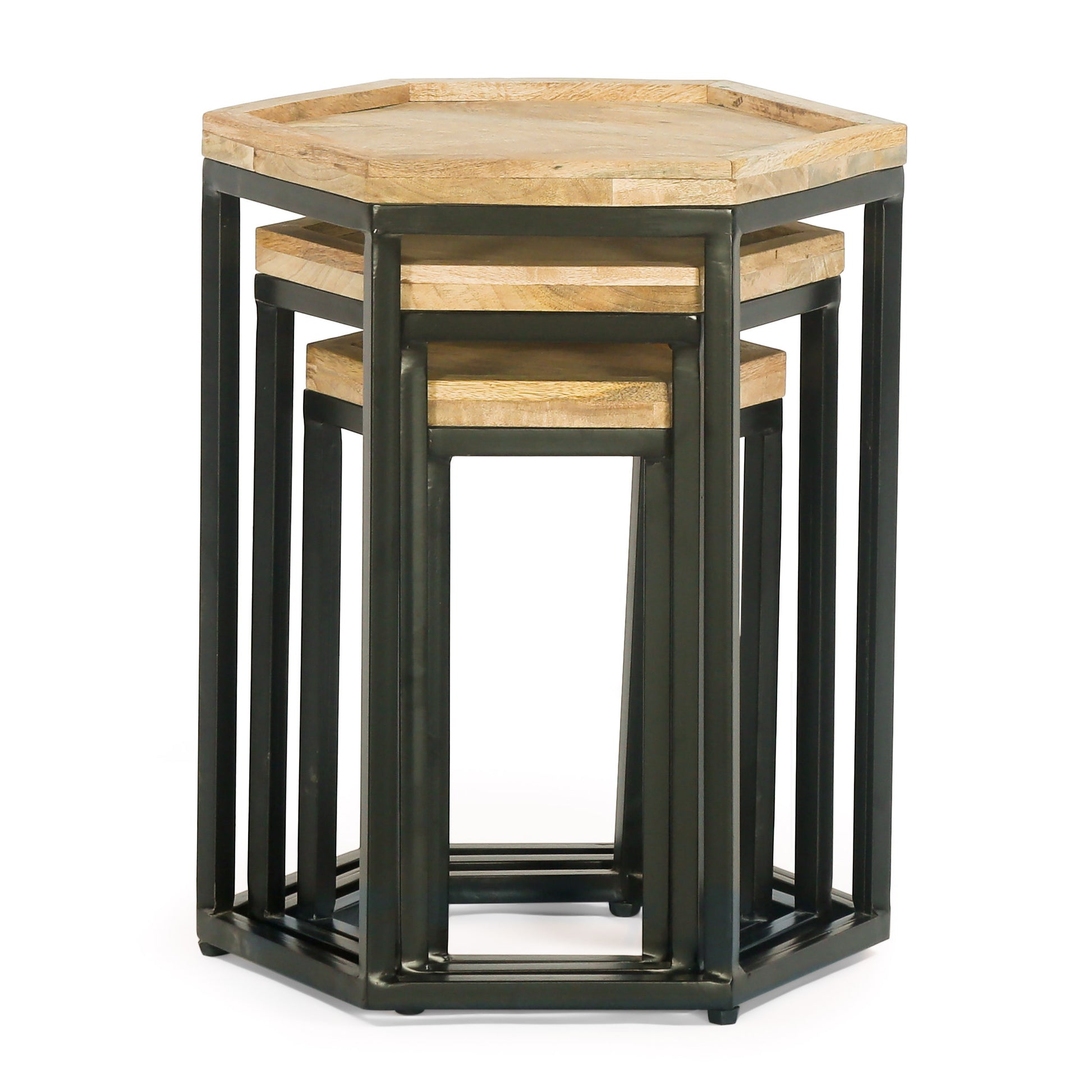 He X Agan Set Of 3 End Table Natural Metal & Wood