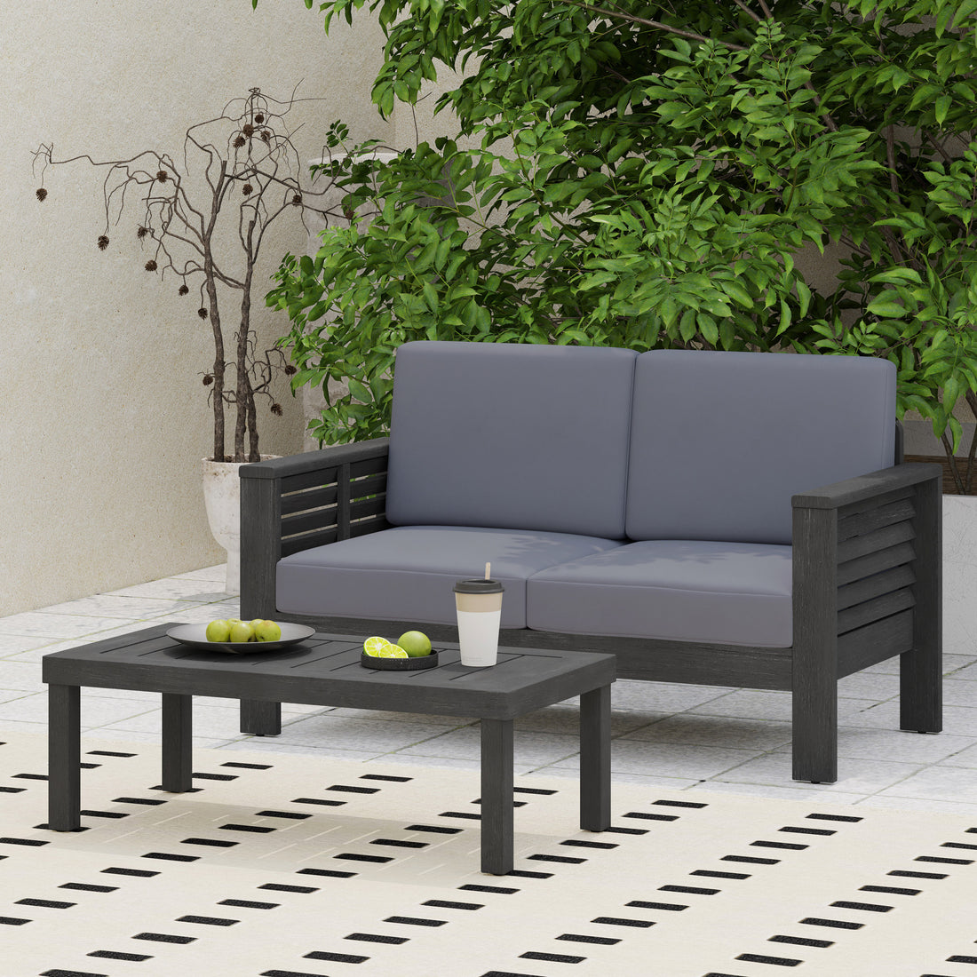 Acacia Wood Outdoor Loveseat And Coffee Table Set With Cushions, Dark Gray Yes Grey Seats 2 Foam Acacia Wood