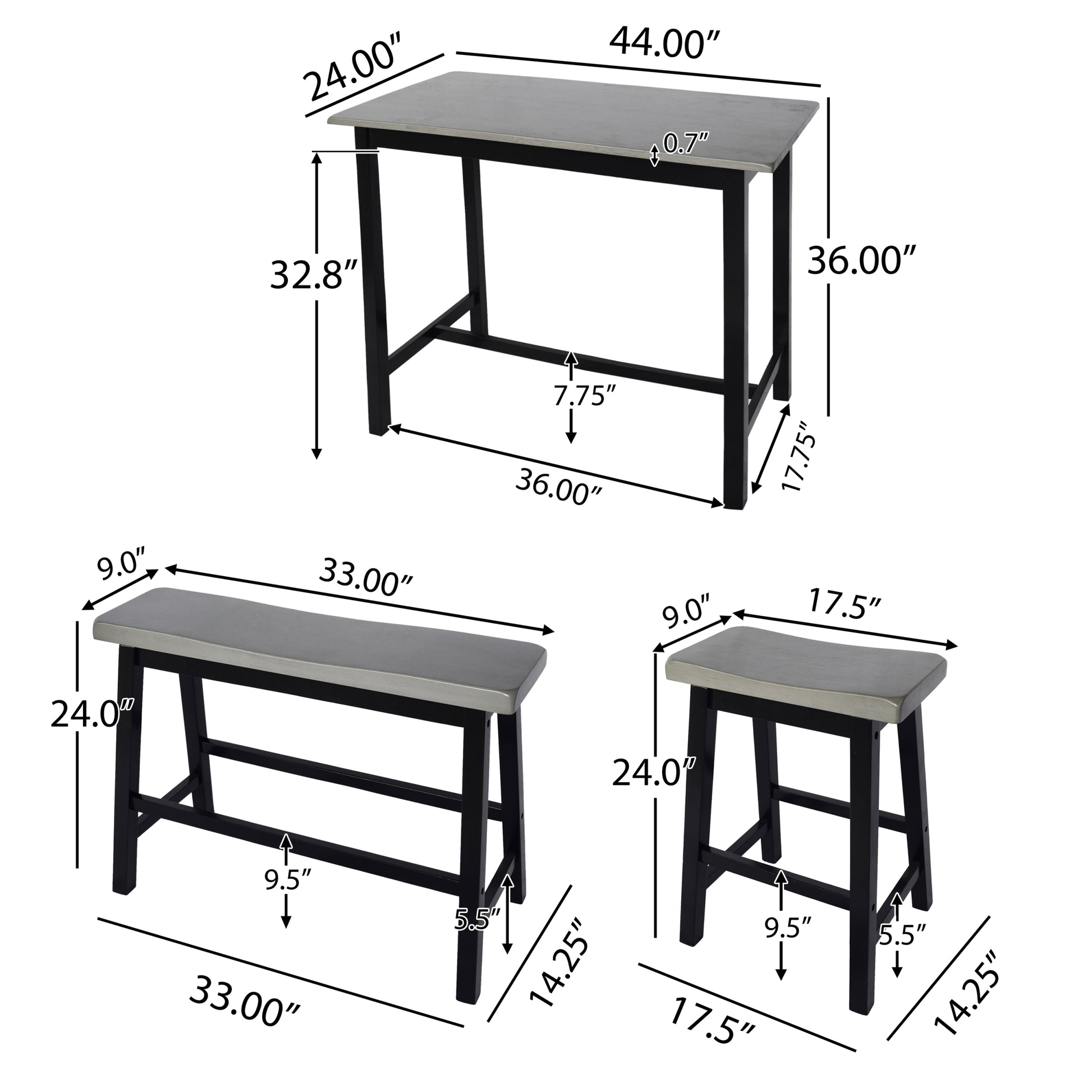 Bar Set Grey Black Rubber Wood