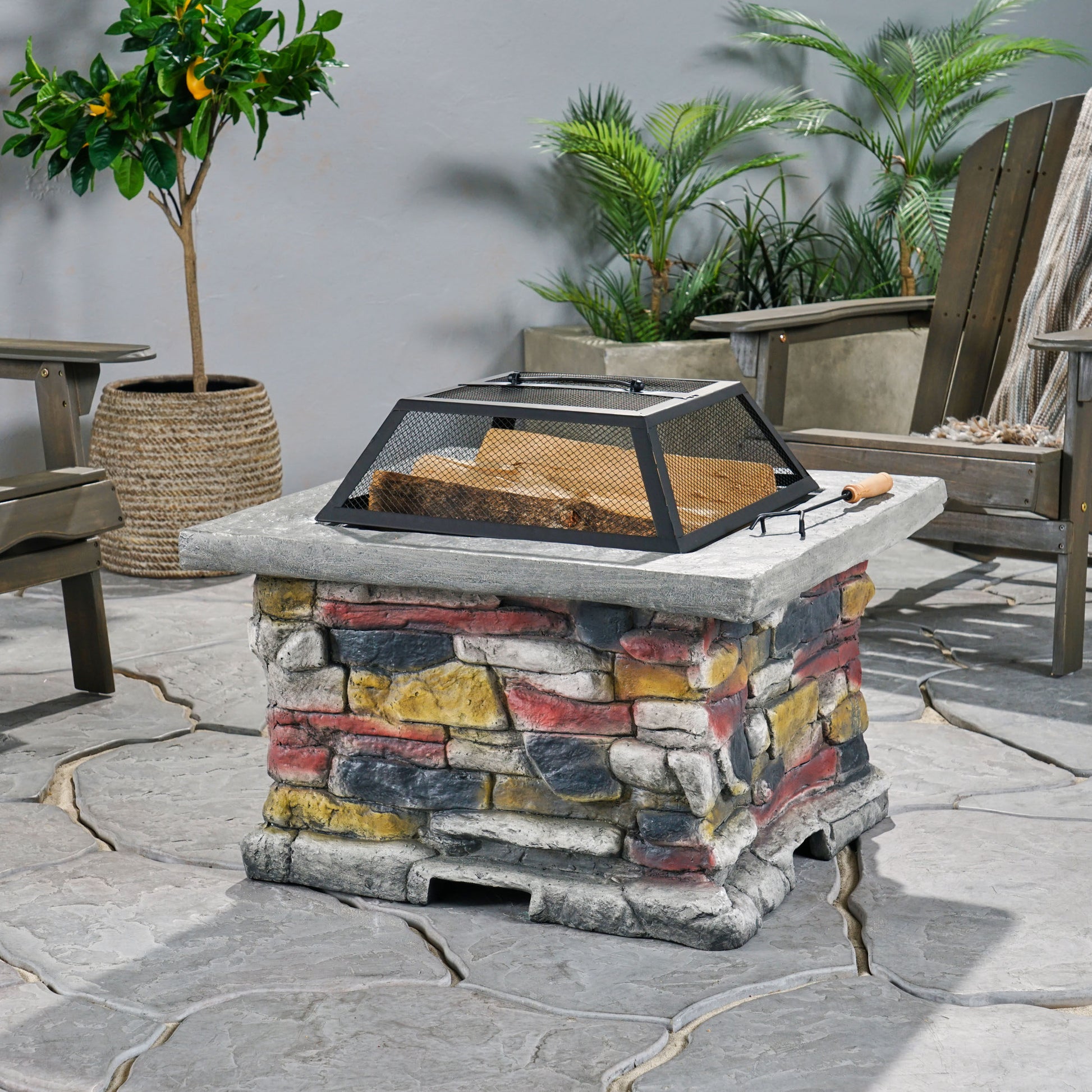 28" Concrete Wood Burning Outdoor Fire Pit Table With Lid Stone Gray Stone Gray Magnesium Oxide