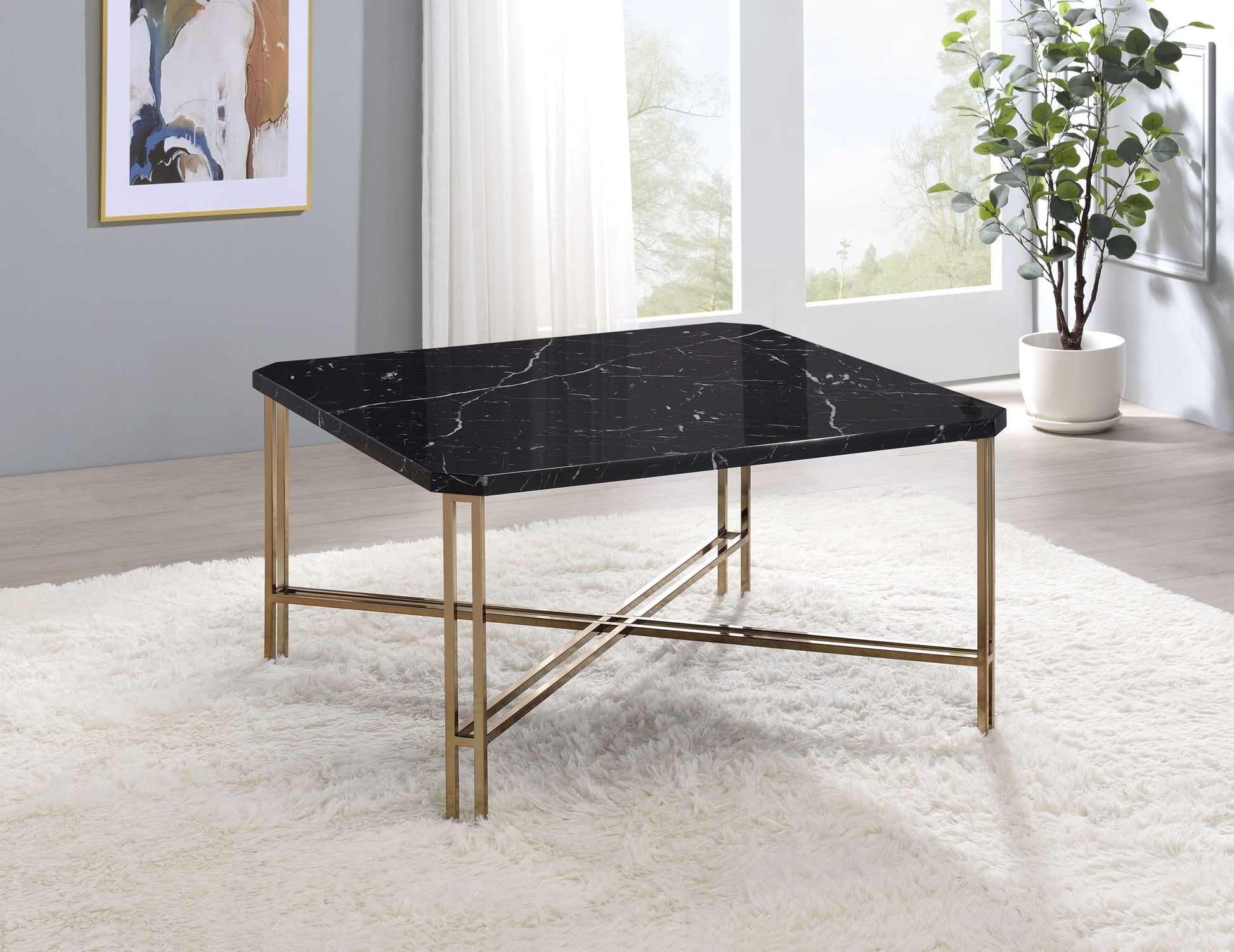 Daxton Faux Marble Top Square Cocktail Table Black Black Wood