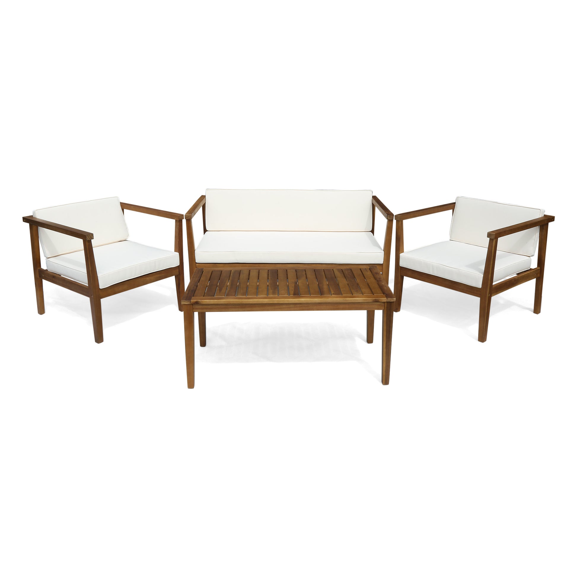 Outdoor 4 Seater Acacia Wood Chat Set With Coffee Table With Cushions, Teak And Beige Beige Acacia Wood