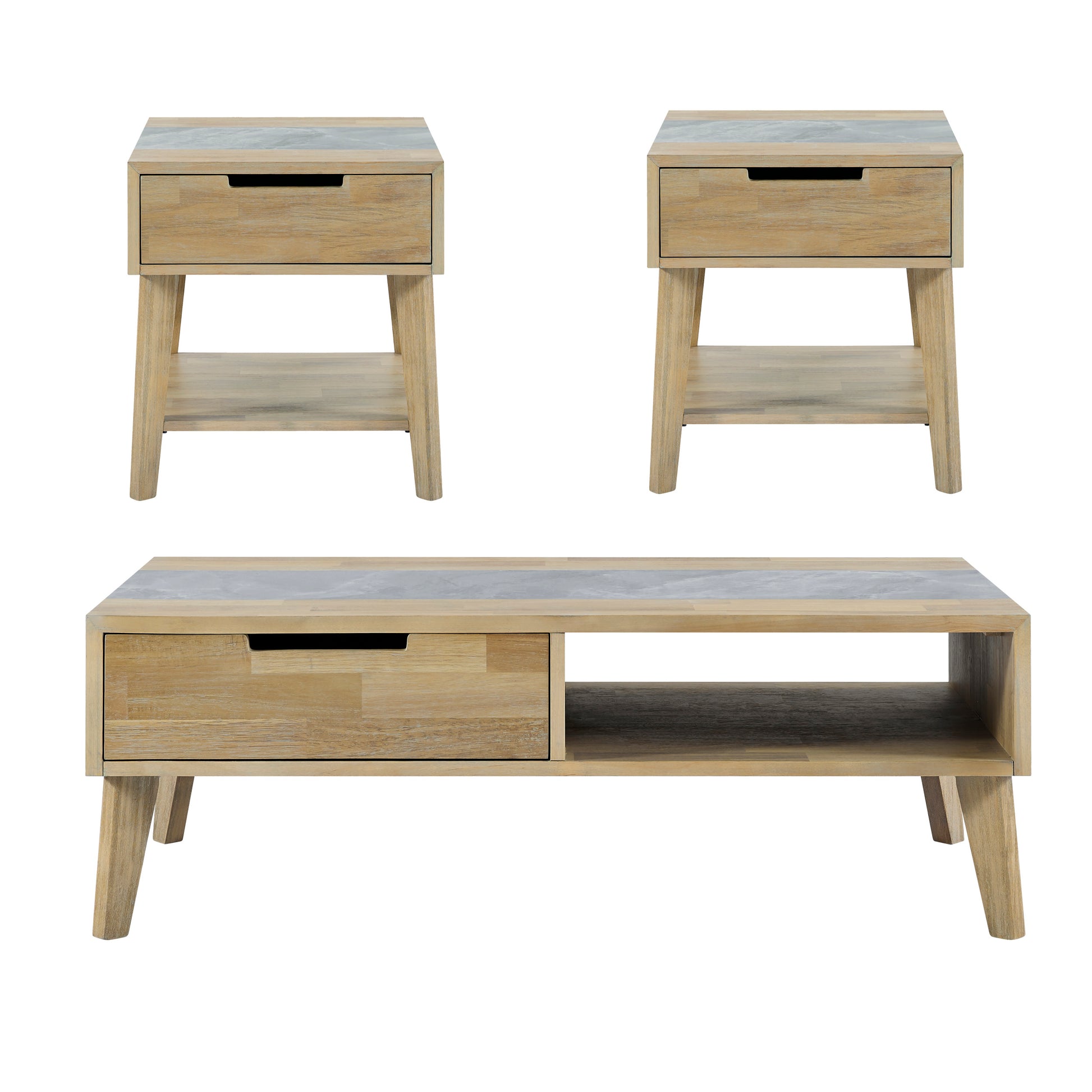 Calgary 3 Piece Occasional Table Set, Sintered Stone Inlay Brown Brown Wood