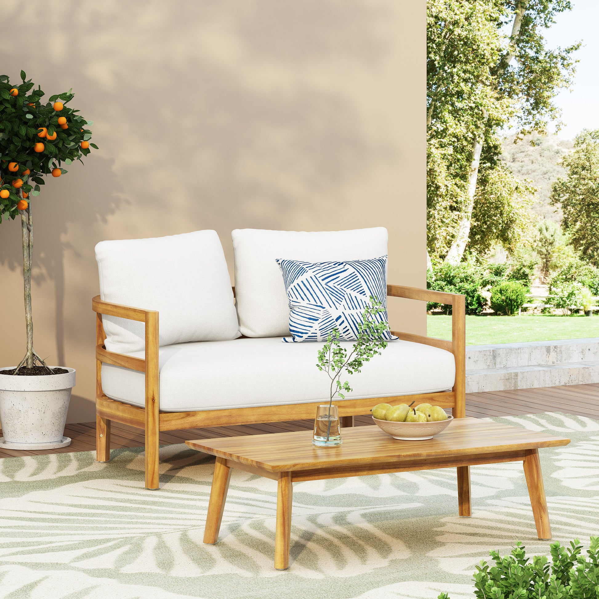 Outdoor Acacia Wood Loveseat And Coffee Table Set With Cushions, Teak And White Brown White Acacia Wood