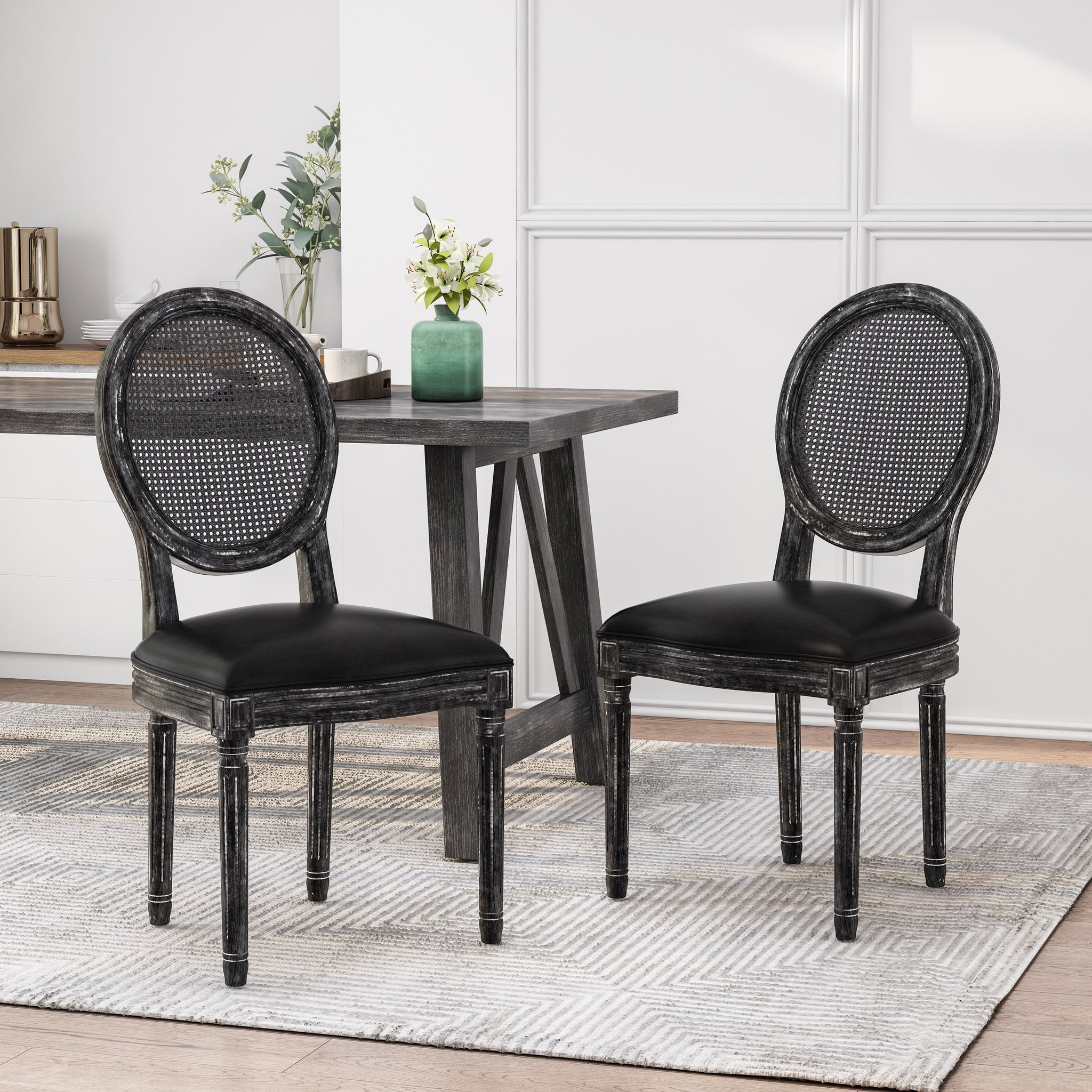 Dinning Chair Mp2 Set Of 2 Black Wood Fabric Rattan