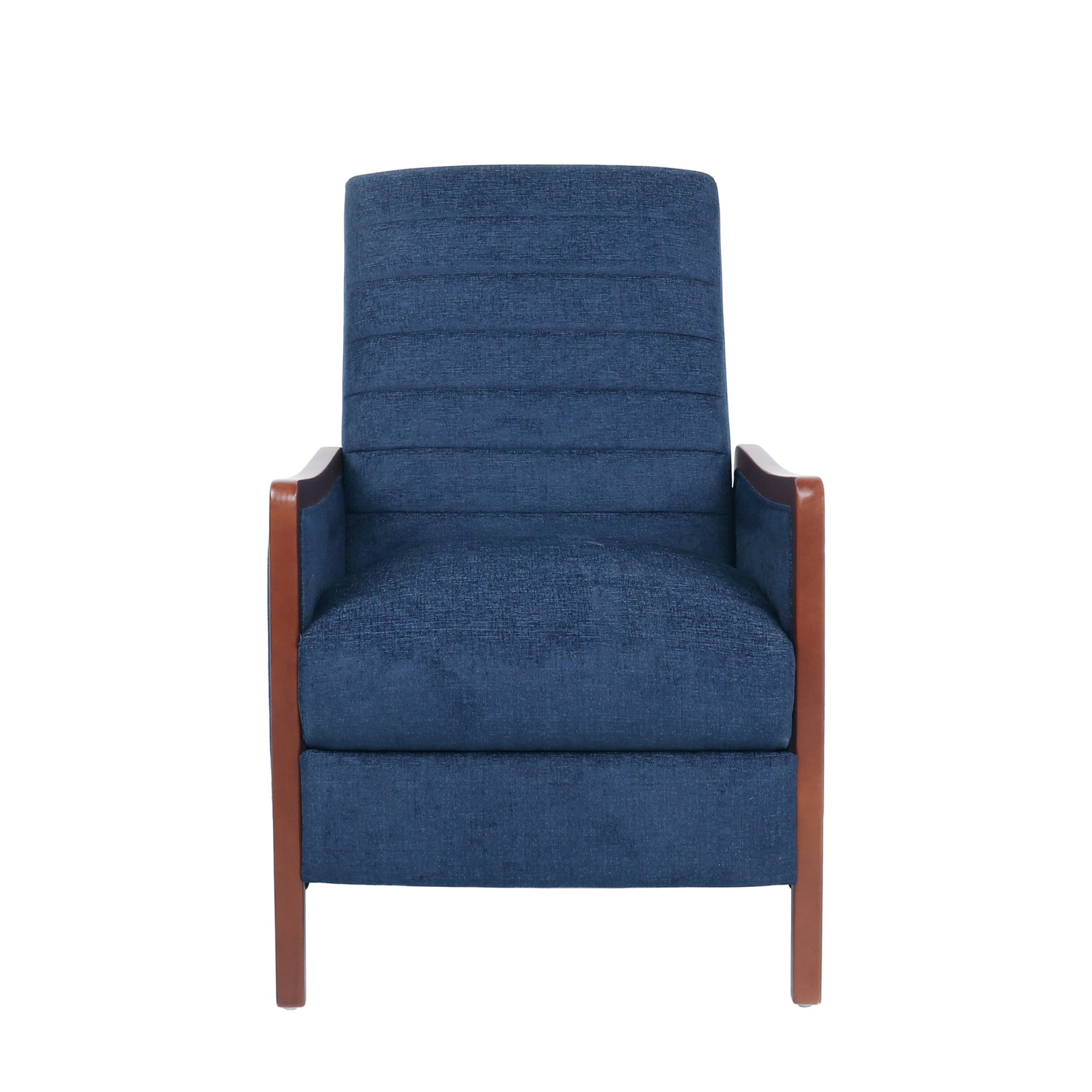 Mid Century Modern Fabric Channel Stitch Wood Pushback Recliner Navy Blue Fabric