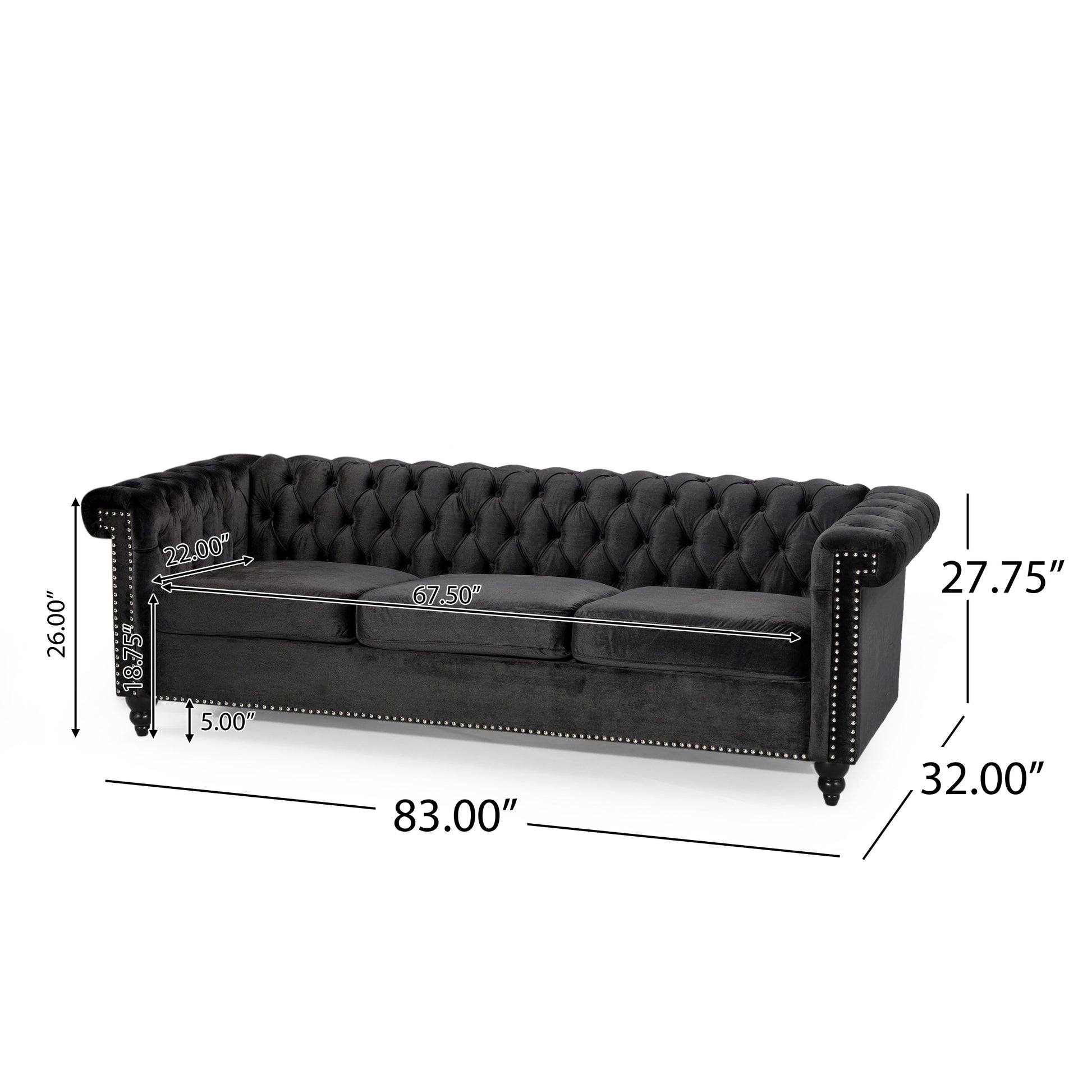 Sofa 3 Seater Black Velvet