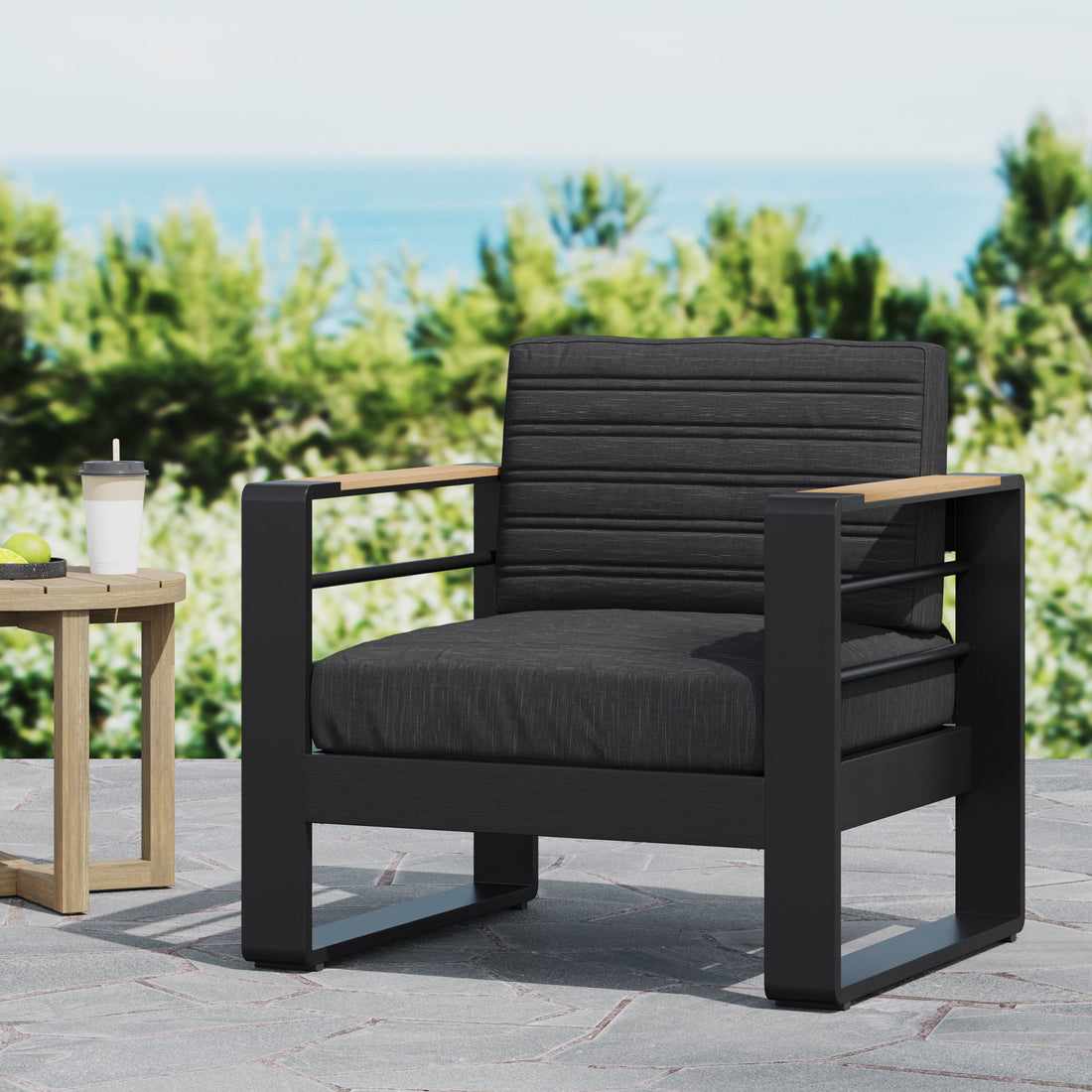 Outdoor Club Chair, Black Natural Dark Gray Black Metal & Wood