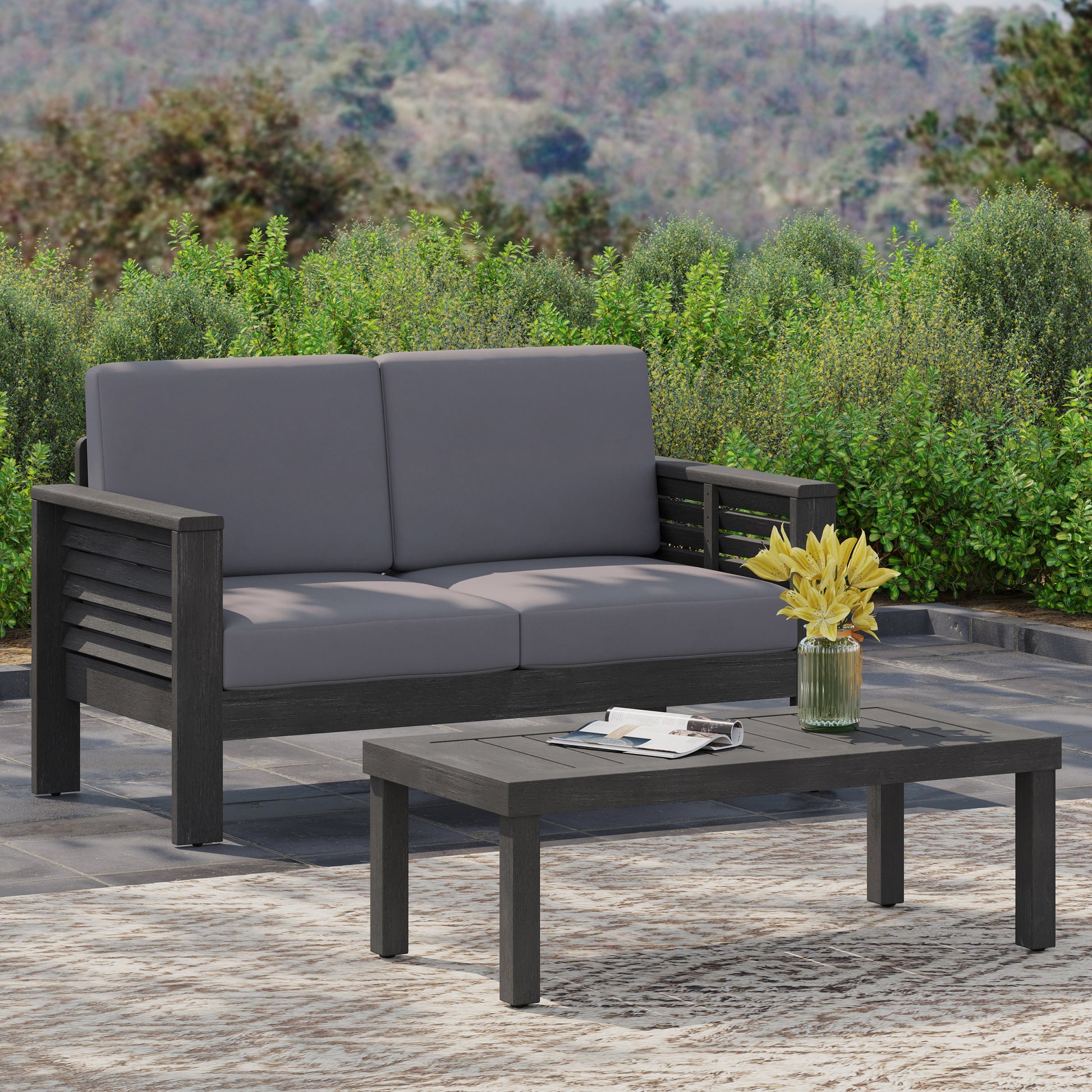 Acacia Wood Outdoor Loveseat And Coffee Table Set With Cushions, Dark Gray Yes Grey Seats 2 Foam Acacia Wood