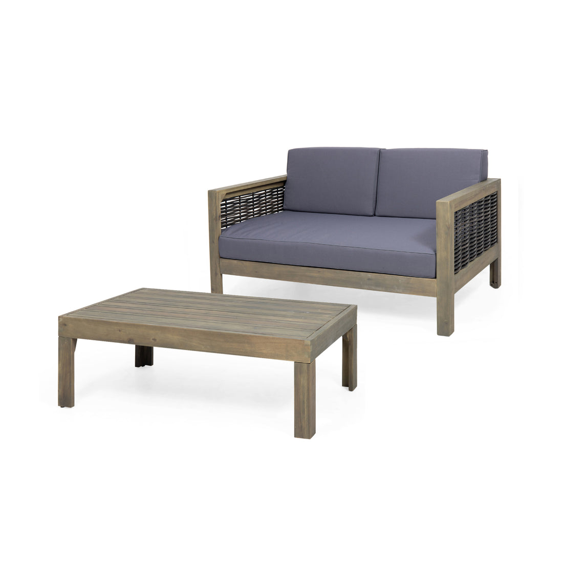 Outdoor Acacia Wood And Wicker Loveseat And Coffee Table Set With Cushions, Gray Mixed Gray Dark Gray Gray Acacia Wood