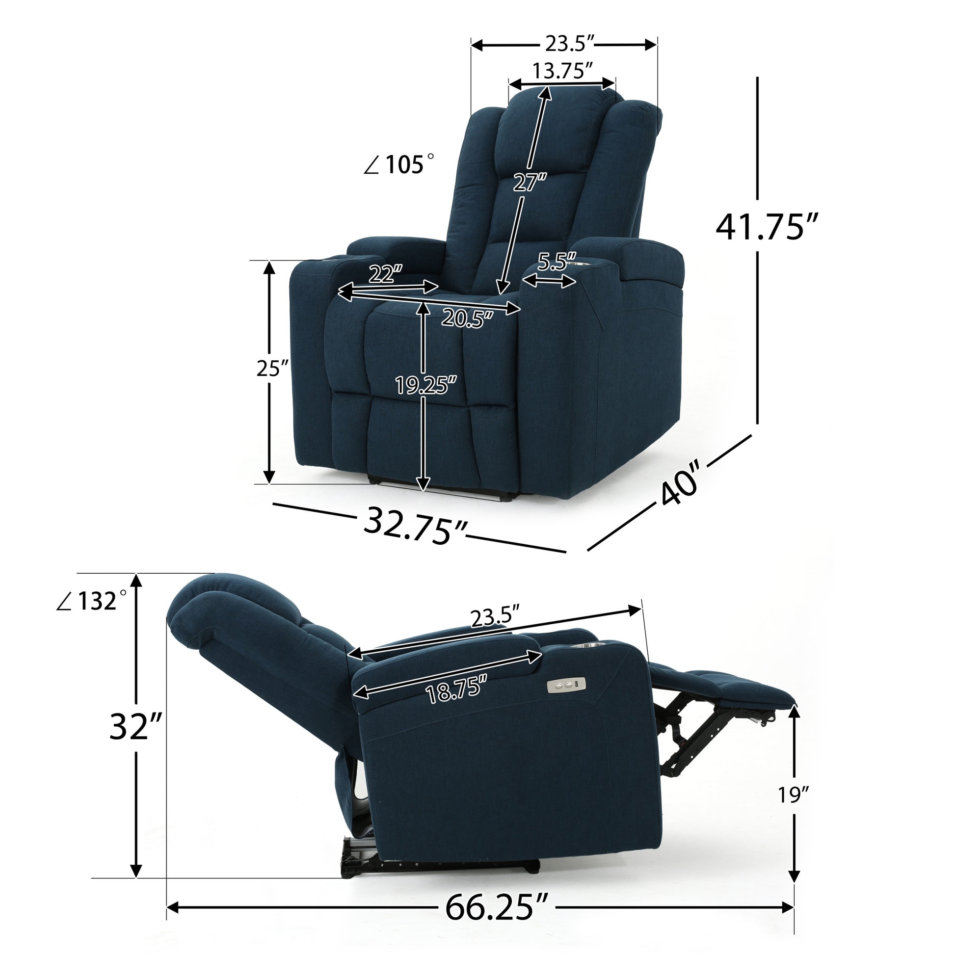 33" Wide Power Standard Recliner Chair With Arm Storage With Usb Navy Blue Fabric