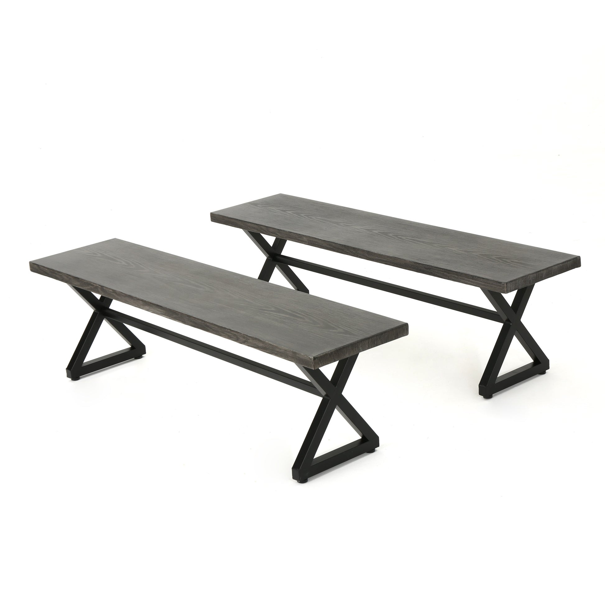 Outdoor Aluminum Dining Benches With Steel Frame, 2 Pcs Set, Grey Black Grey Black Aluminium