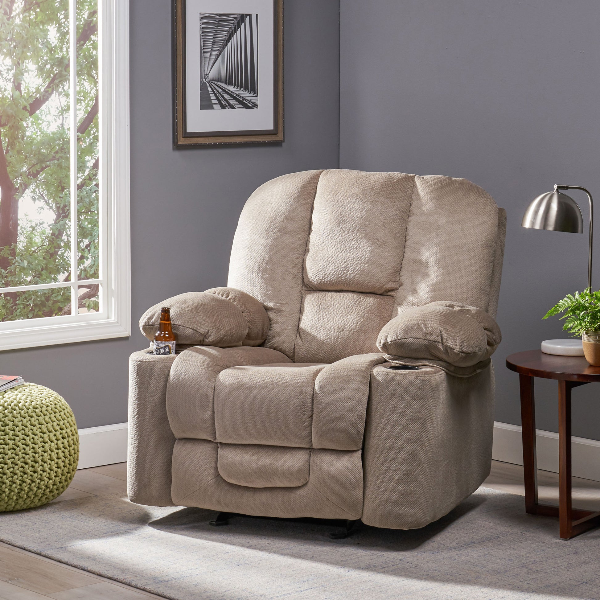 Luxurious Manual Recliner Chair In Coffee, Skin Friendly Fabric, Dual Cup Holders Coffee Fabric