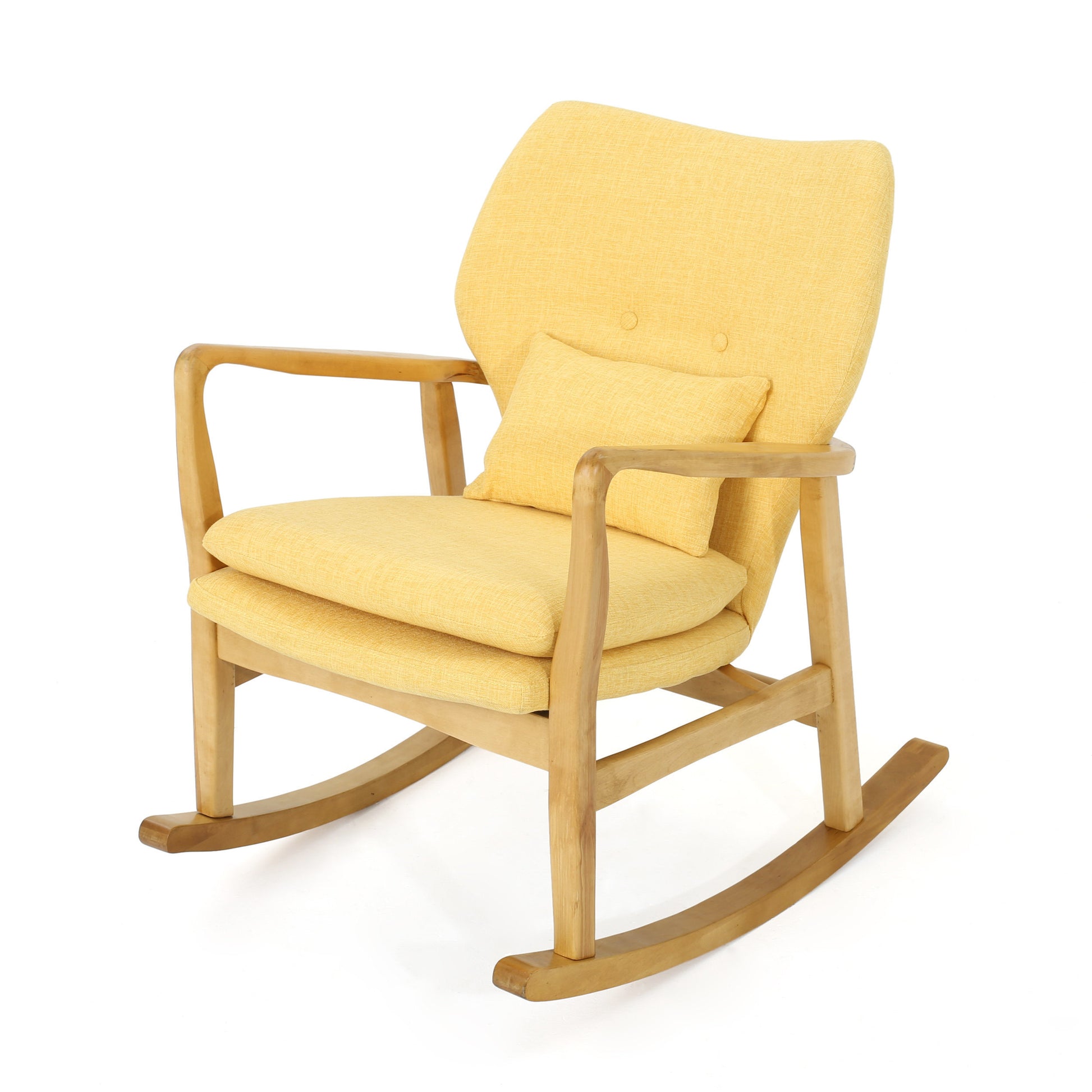 Elegant Solid Wood Rocking Chair With Yellow Linen Cushion Yellow Fabric