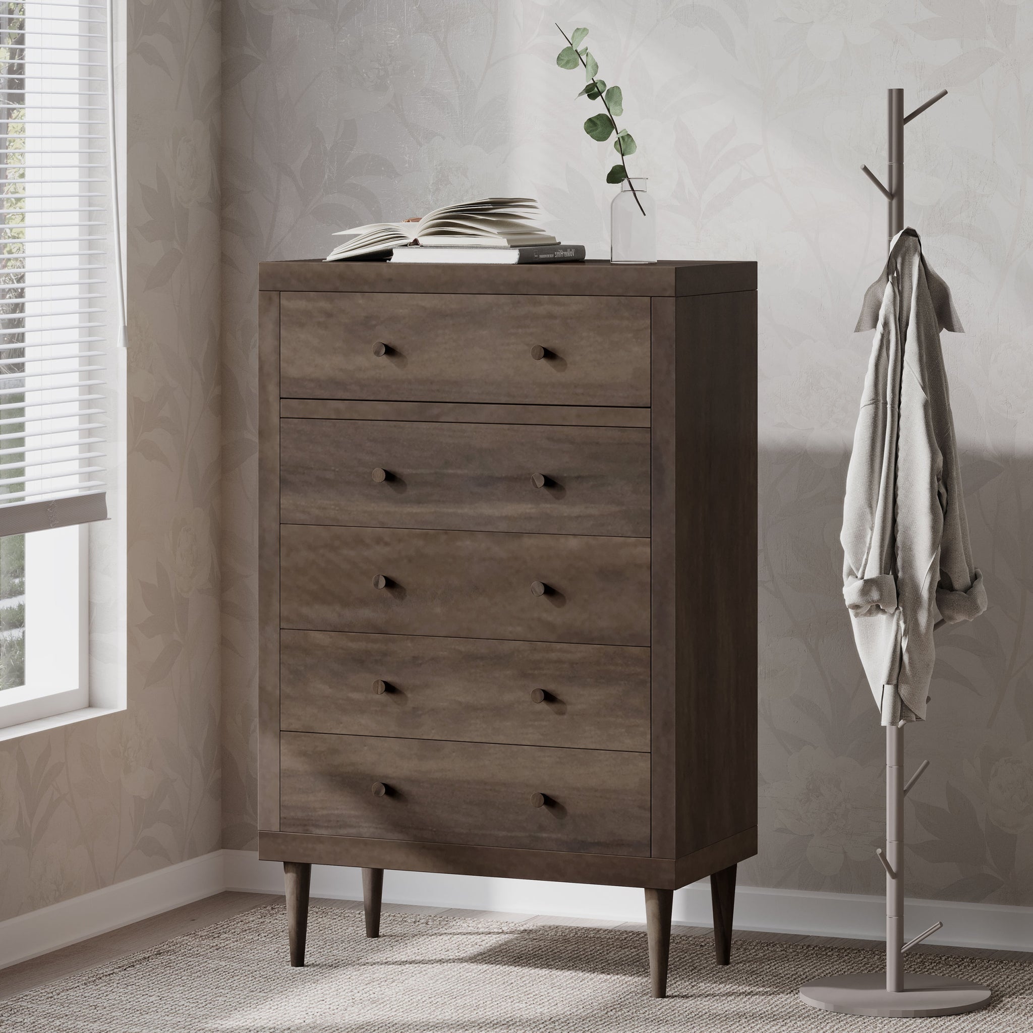 Nordic 5 Drawer Chest Walnut Mdf