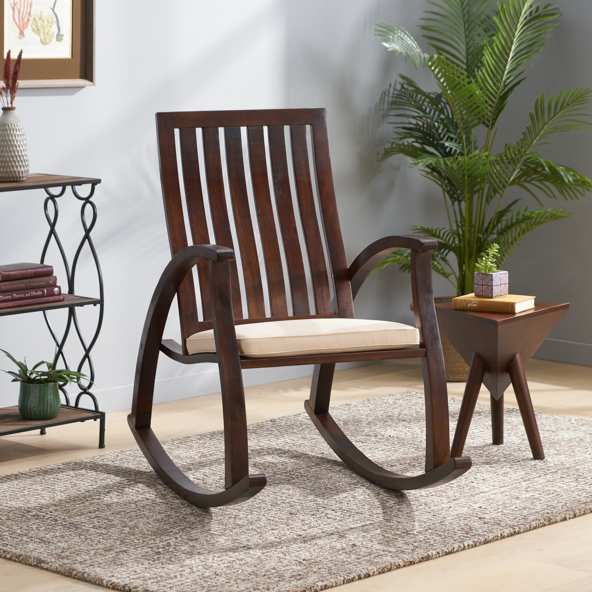 Acacia Wood Rocking Chair With Cushion Brown Acacia Wood