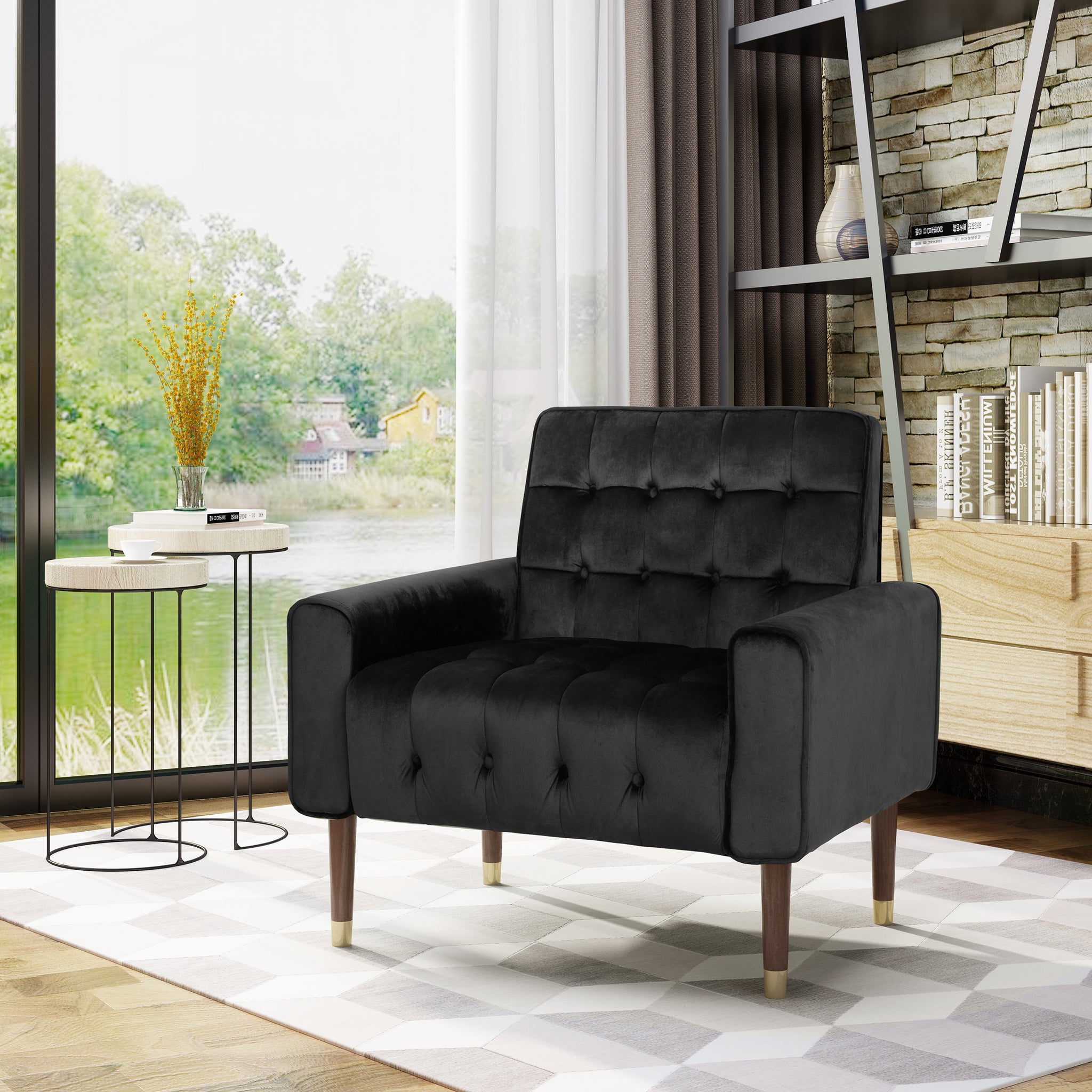 Mirod Comfy Arm Chair With Tufted Backmodern For Living Room, Bedroom And Study Black Velvet