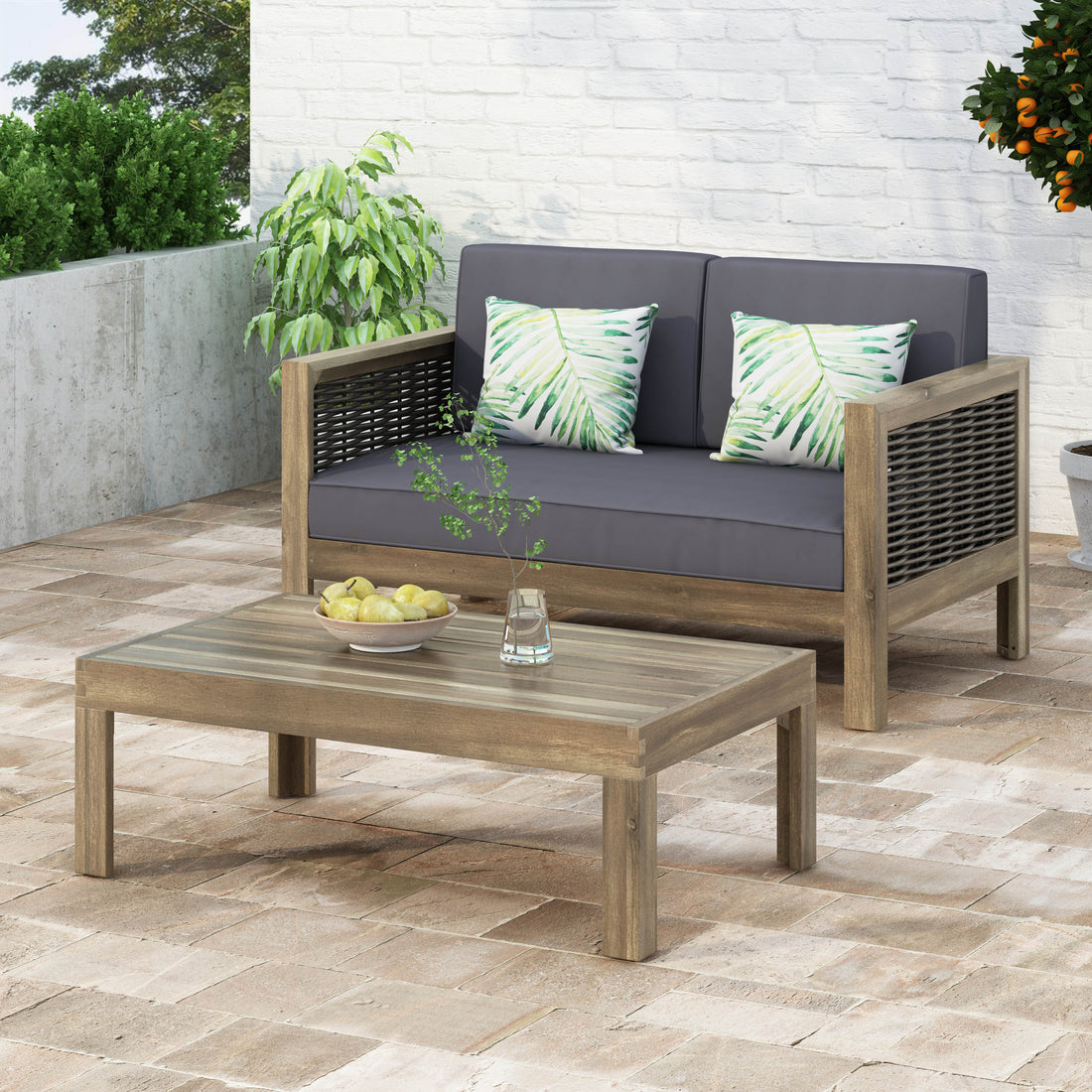 Outdoor Acacia Wood And Wicker Loveseat And Coffee Table Set With Cushions, Gray Mixed Gray Dark Gray Gray Acacia Wood