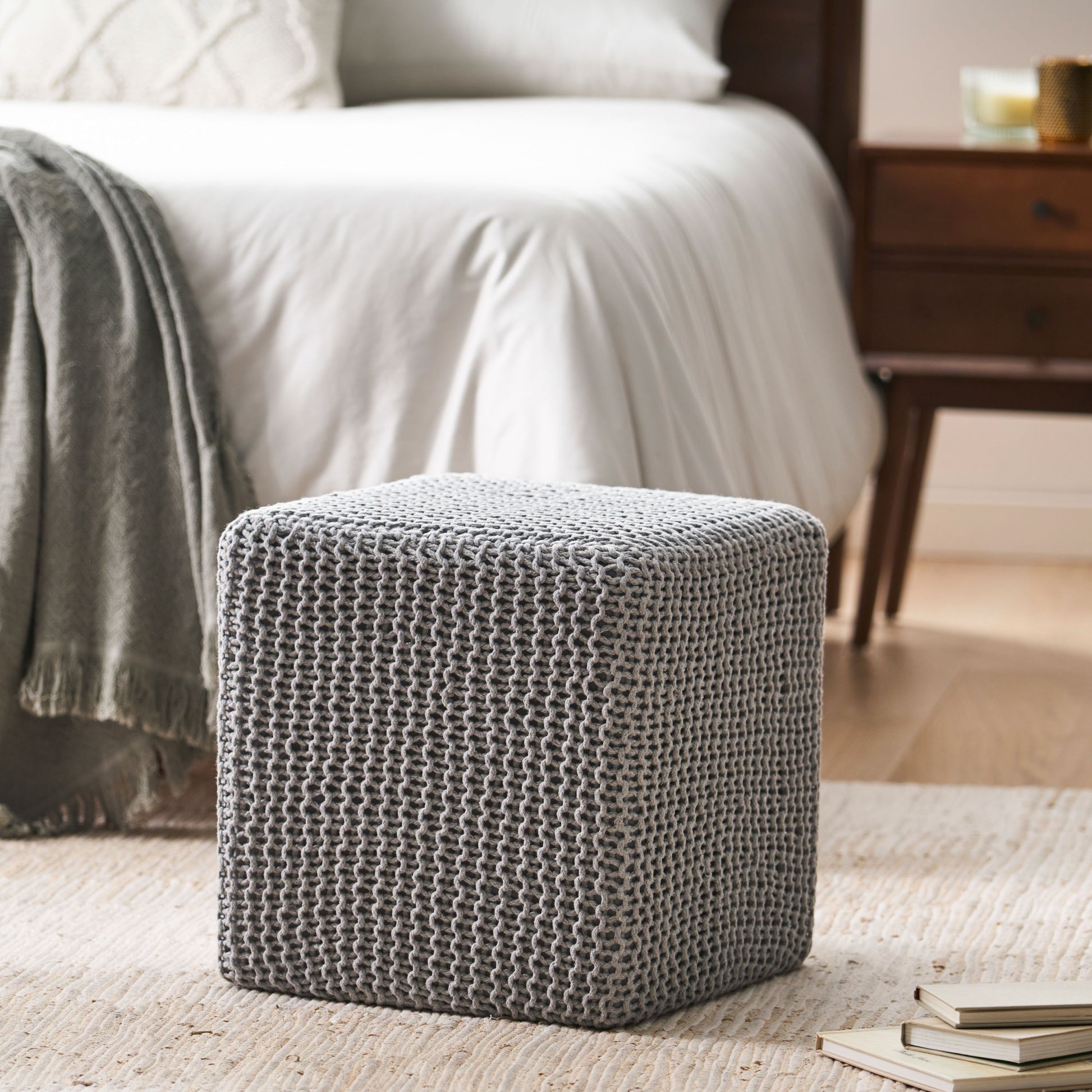 Knitted Foot Stool Light Grey Cotton