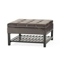 Square Ottoman With Storage And Bottom Rack Brown Pu