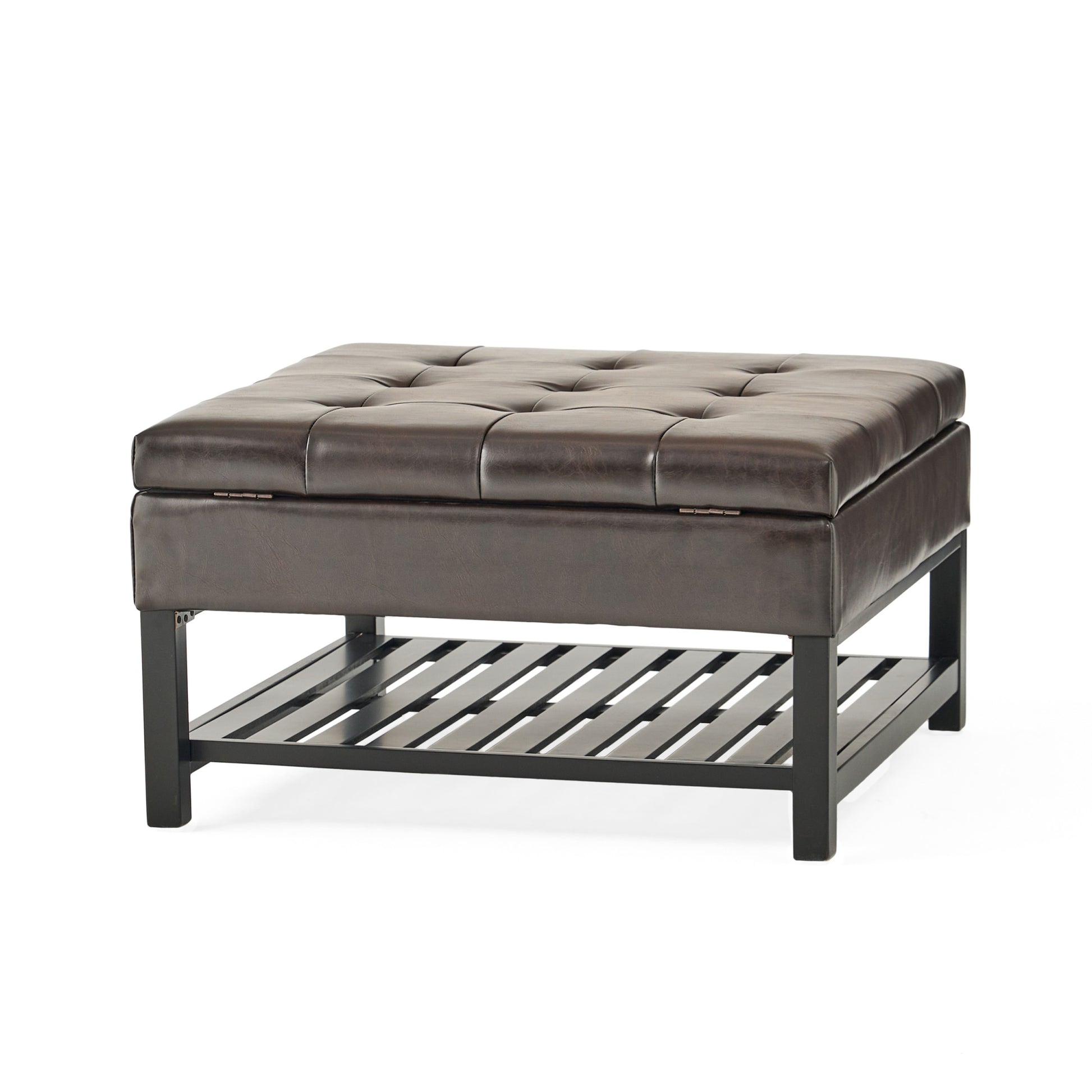 Square Ottoman With Storage And Bottom Rack Brown Pu