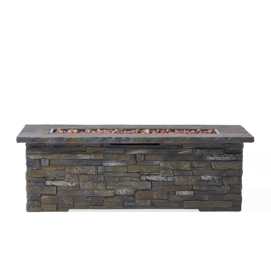 56" Outdoor 40,000 Btu Rectangular Mgo Concrete Propane Fire Pit, Stone Pattern Tank Cover Not Included Stone Gray Magnesium Oxide