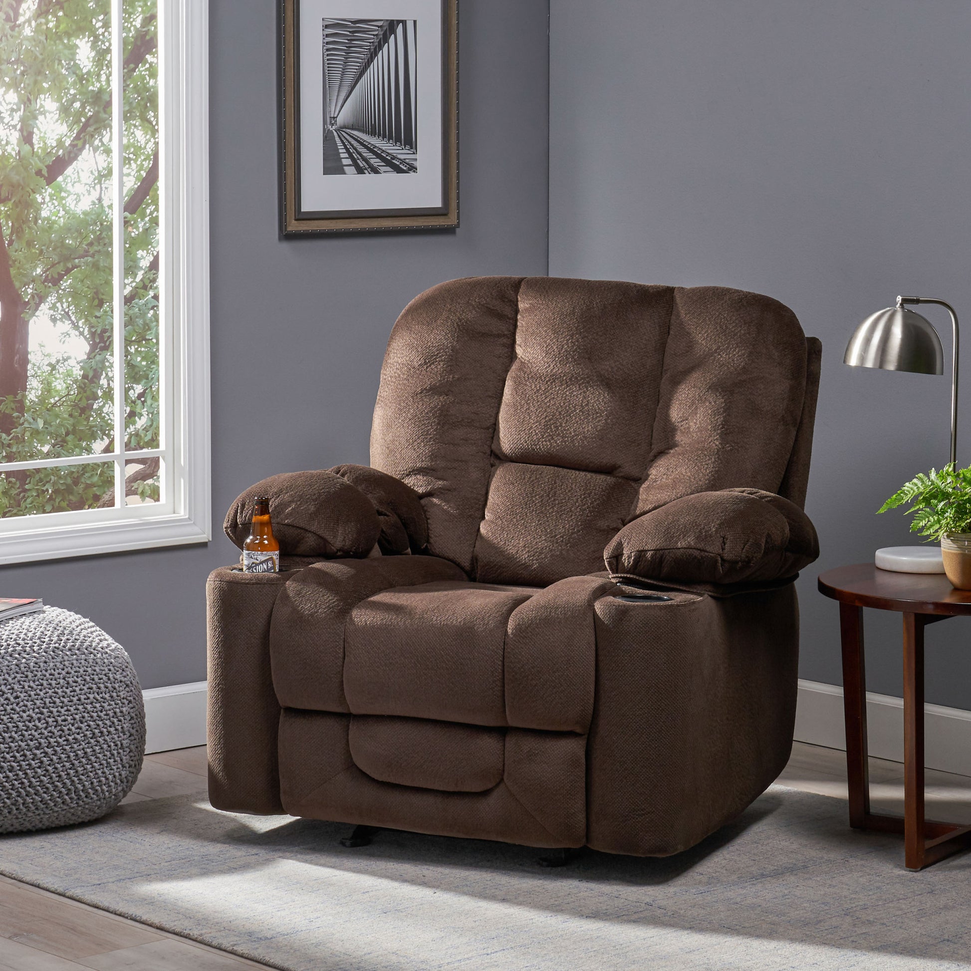 Luxurious Manual Recliner Chair In Chocolate With Skin Friendly Fabric And Dual Cup Holders Chocolate Fabric