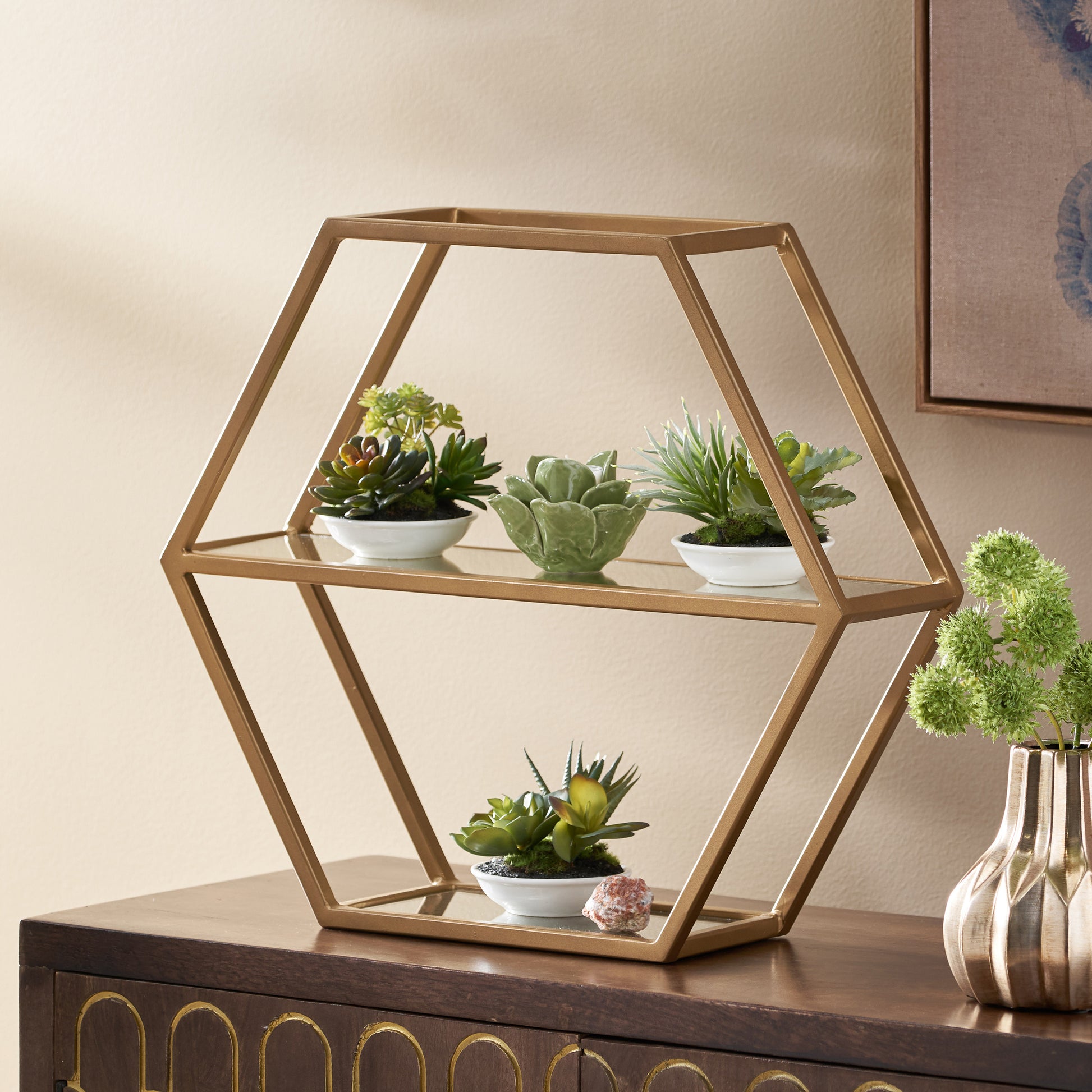 Hexagonal Shelf Antique Gold Glass