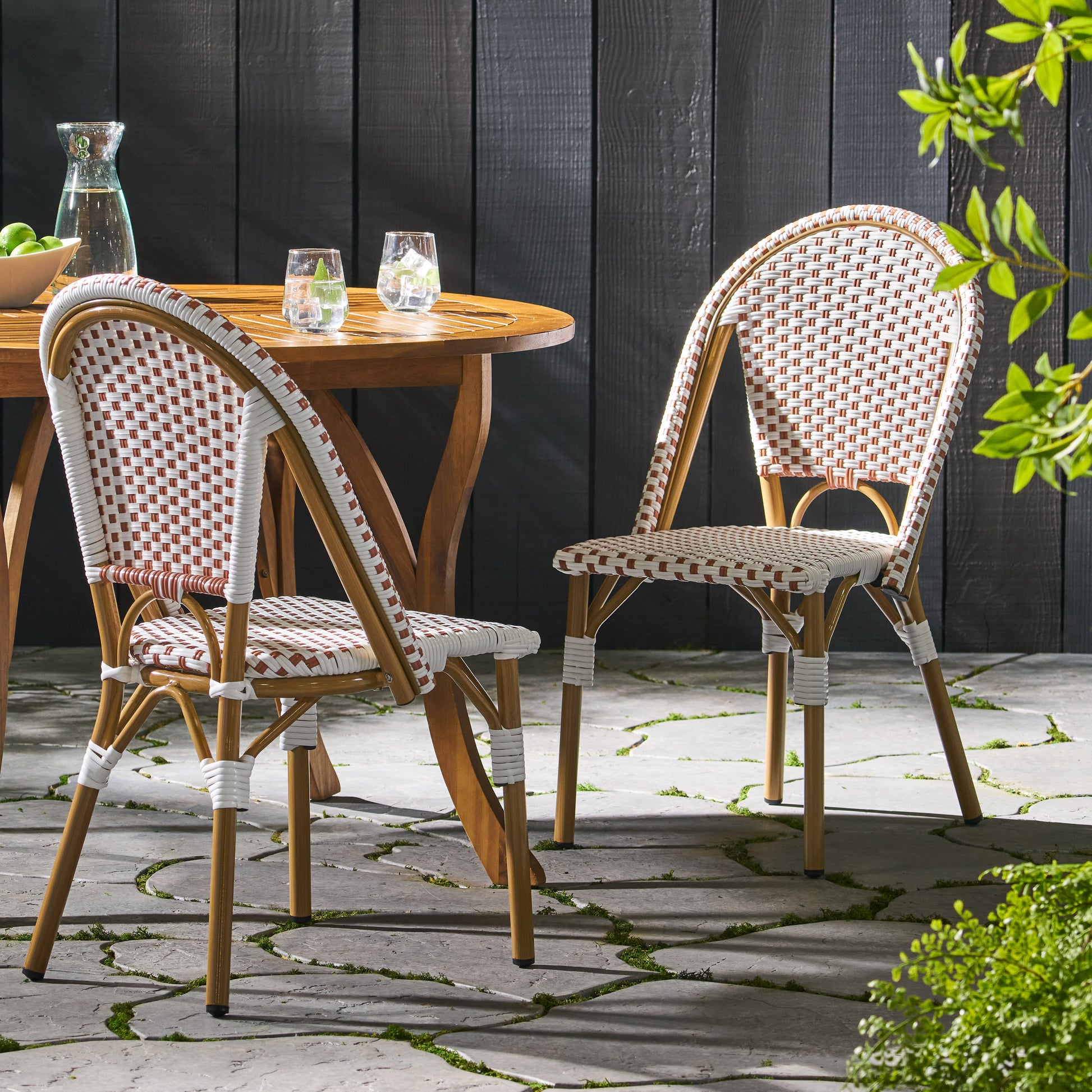 Outdoor Pe Ratten And Aluminum French Bistro Chairs, Set Of 2, Rusted Red & White, Bamboo Print Finish No Rust Red,White Rust Resistant Frame Garden & Outdoor French 2 Person Seating Group Rattan