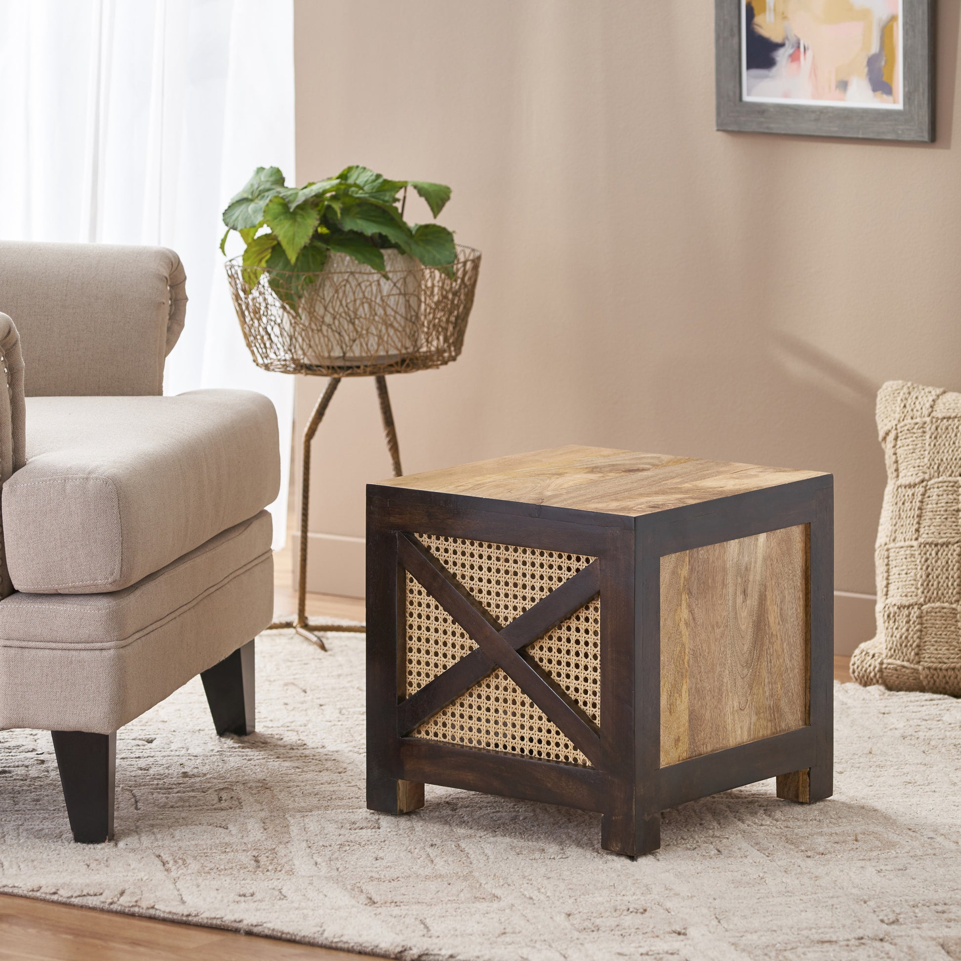 Westby Mango Wood And Cane Square Cube Ottoman Natural Wood