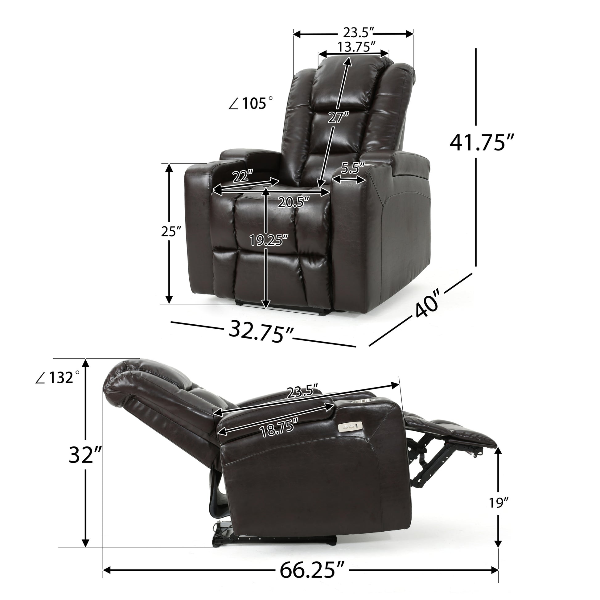 33" Wide Power Standard Recliner Chair With Arm Storage With Usb Brown Pu