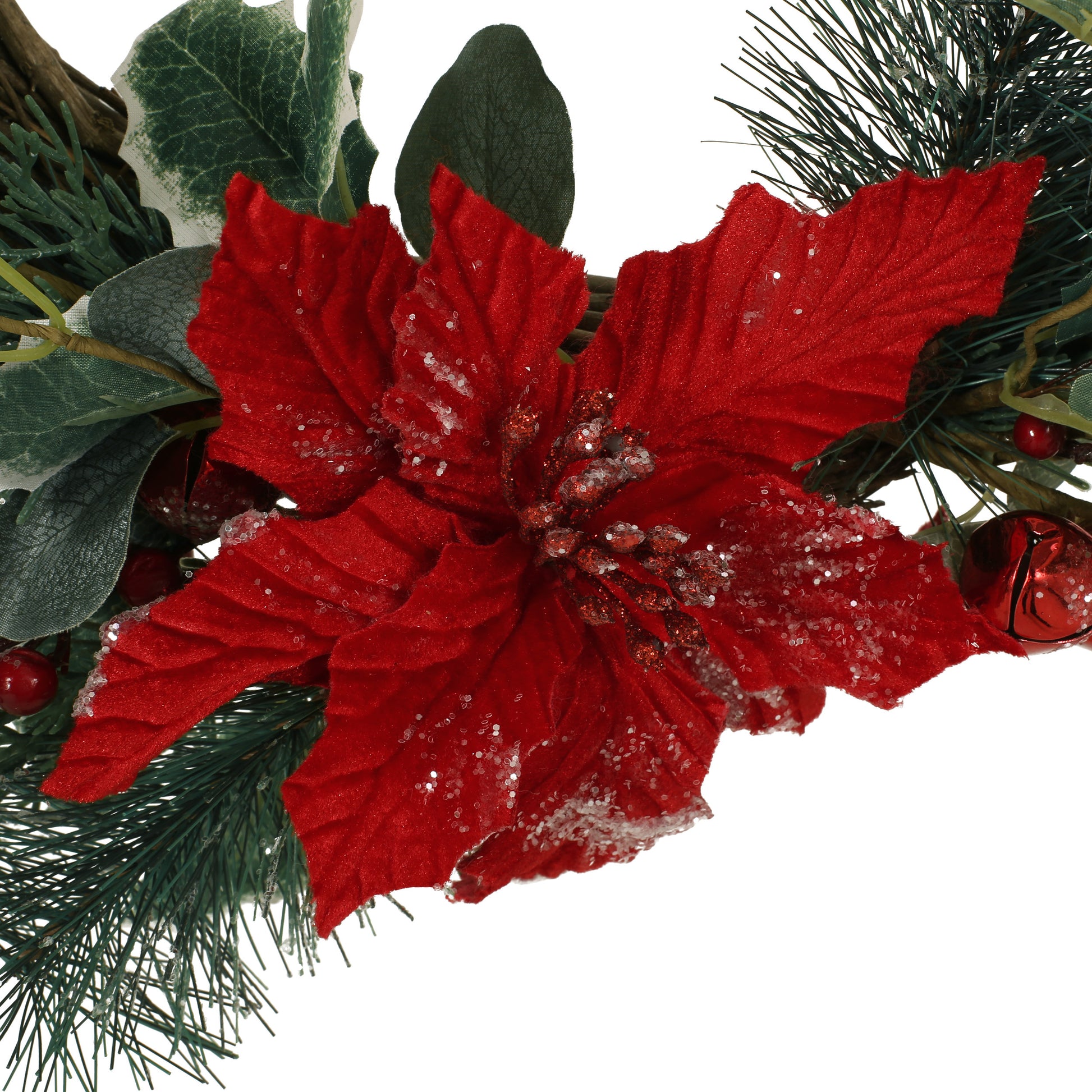 23.5" Poinsettia Berry Eucalyptus Half Wreath Green Leaves Polyester