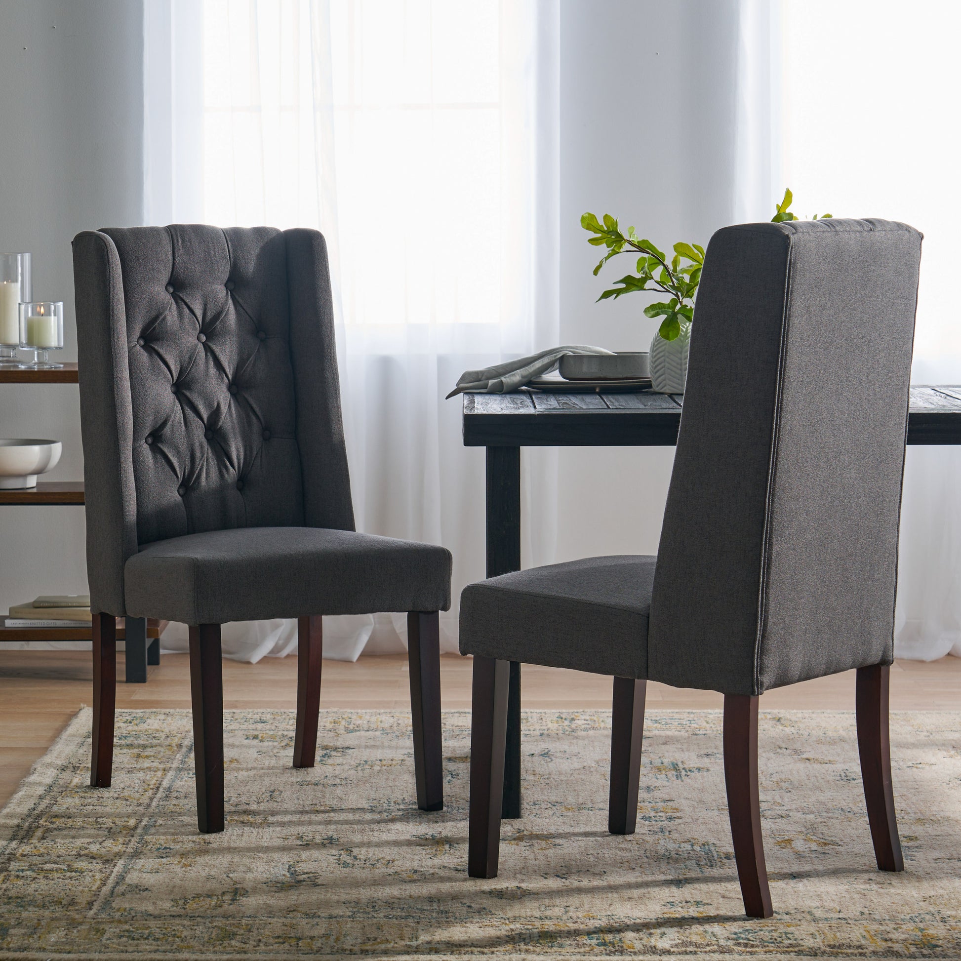 Dining Chair Dark Grey Wood Fabric