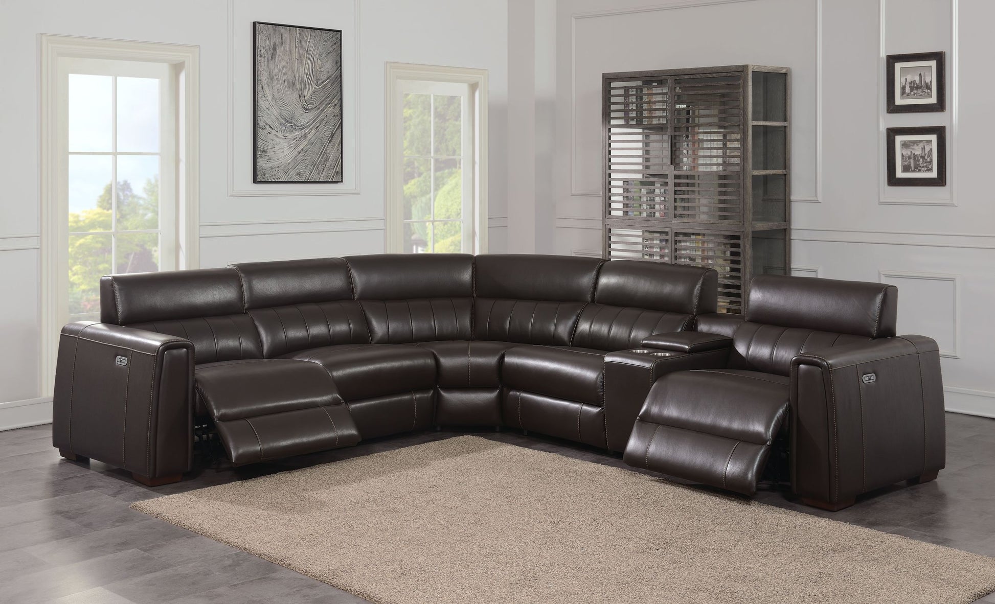 Leather Power Reclining Sectional Top Grain Leather, Transitional Styling, Espresso Color, Power Features, Usb Charging Brown Foam Leather 5 Seat