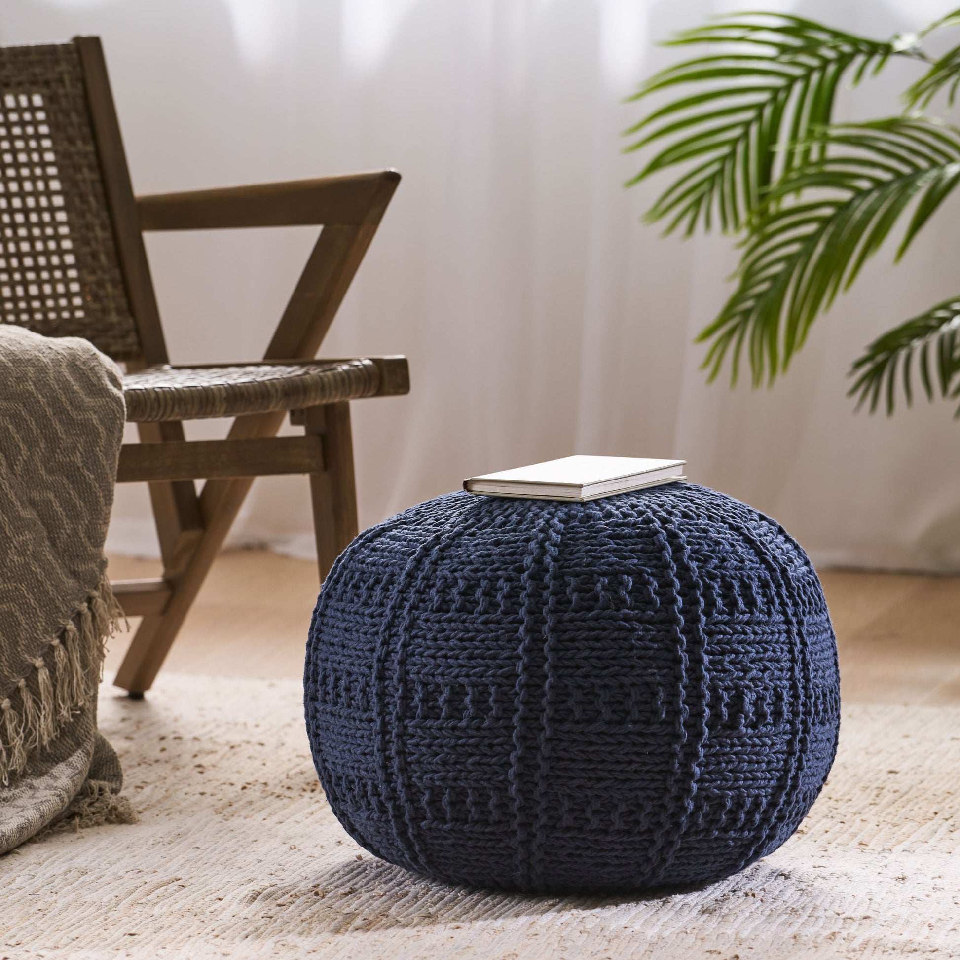 Yuny Knitted Cotton 20 X 20 Round Pouf Navy Cotton