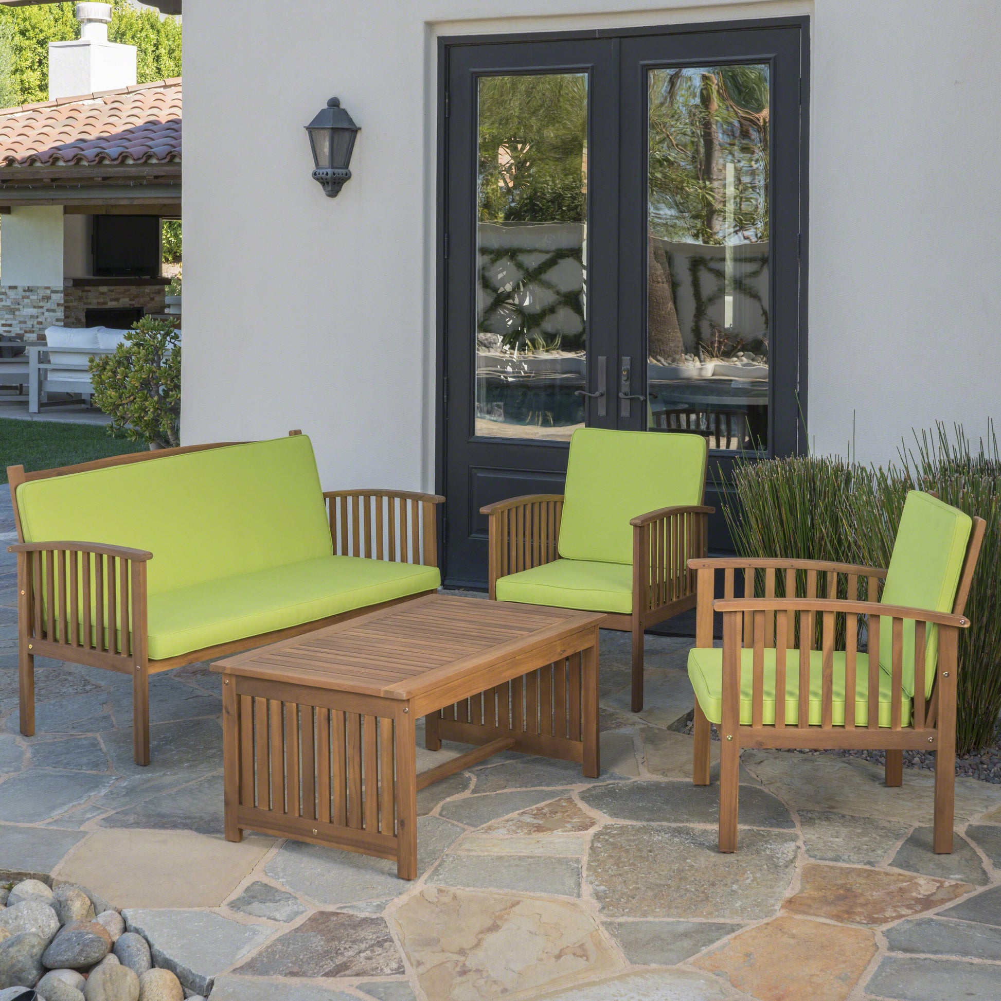 Outdoor Acacia Wood Sofa Set With Water Resistant Cushions, 4 Pcs Set, Brown Patina Light Green Light Green Acacia Wood