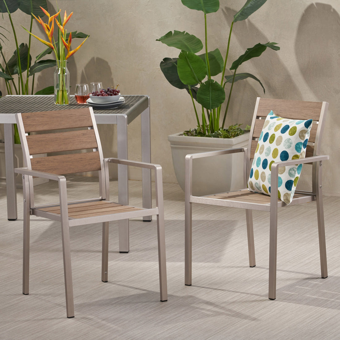 Outdoor Modern Aluminum Dining Chair With Faux Wood Seat Set Of 2 , Natural And Silver Natural Aluminium