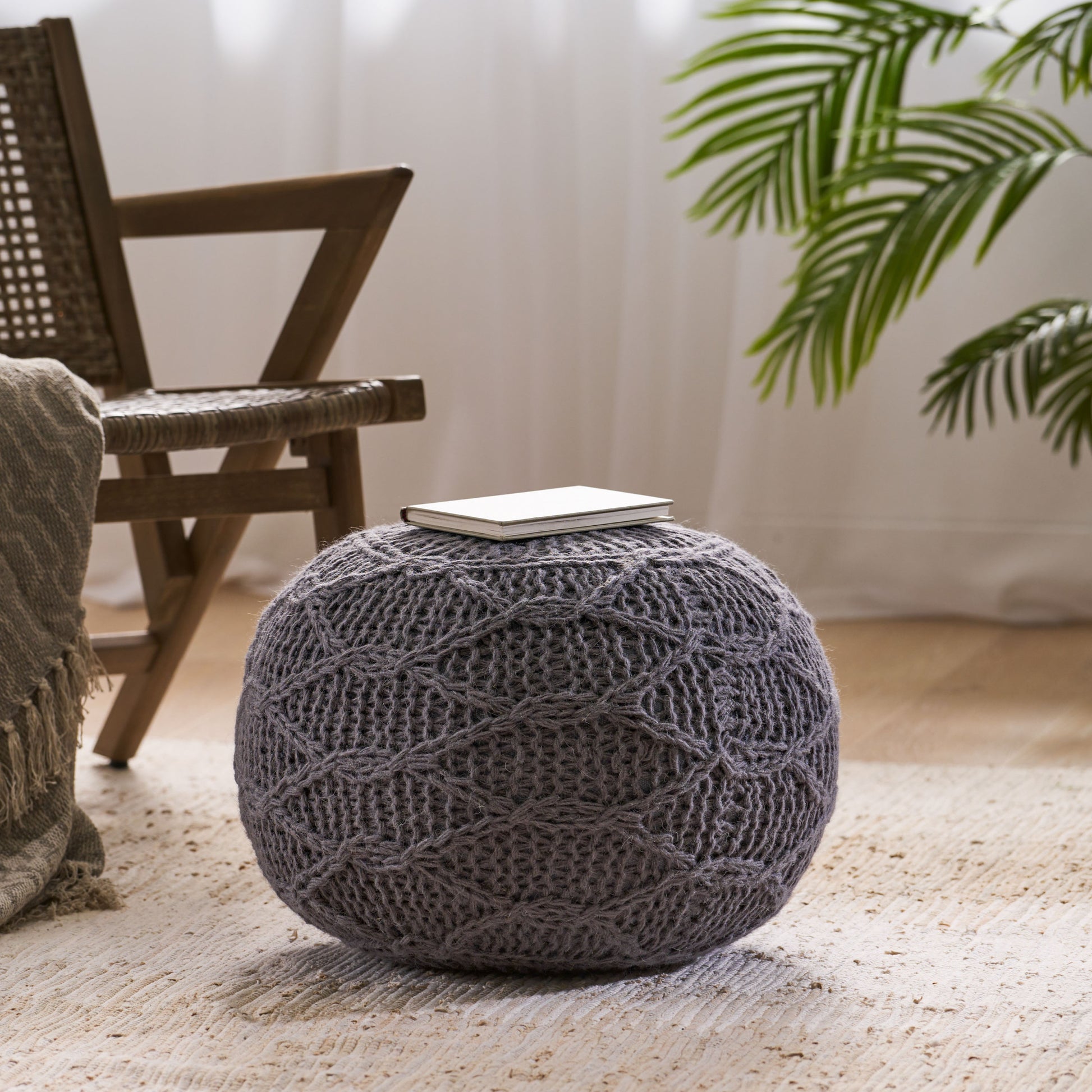 Malibu Knitted Wool 20 X 20 Round Pouf Charcoal Wool