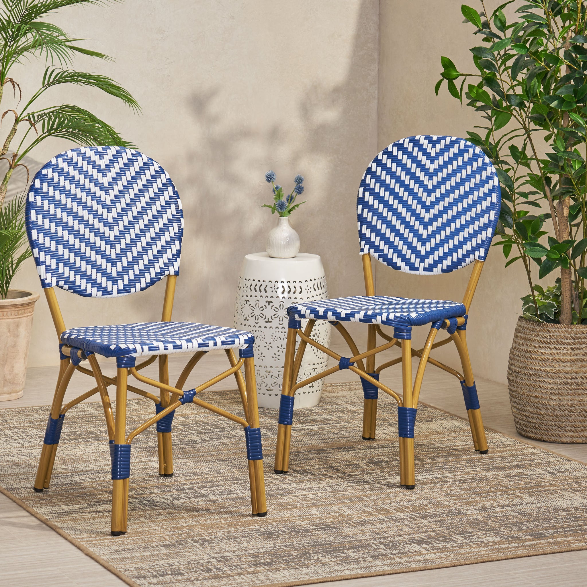 Outdoor Pe Ratten And Aluminum French Armless Bistro Chairs, Set Of 2, Navy Blue, Bamboo Print Finish No Navy Blue,White Rust Resistant Frame Garden & Outdoor French 2 Person Seating Group