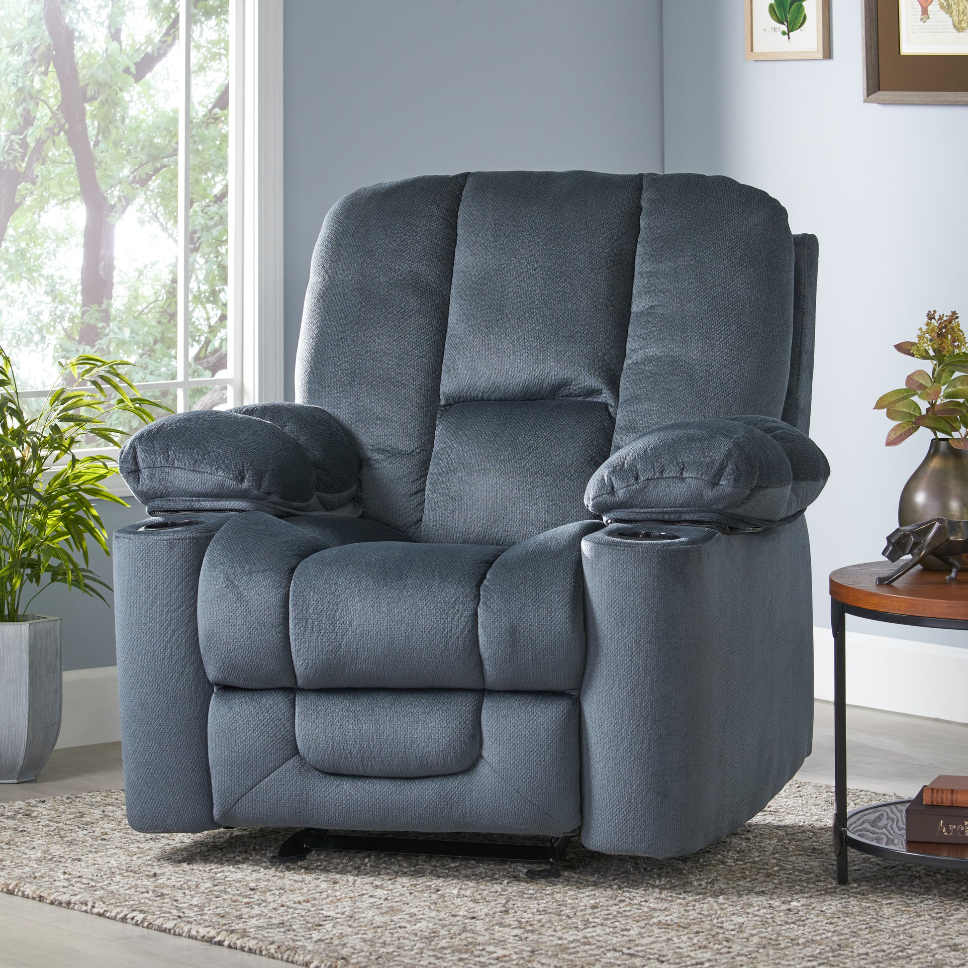 Luxurious Manual Recliner Chair In Silver With Skin Friendly Fabric And Dual Cup Holders Silver Fabric